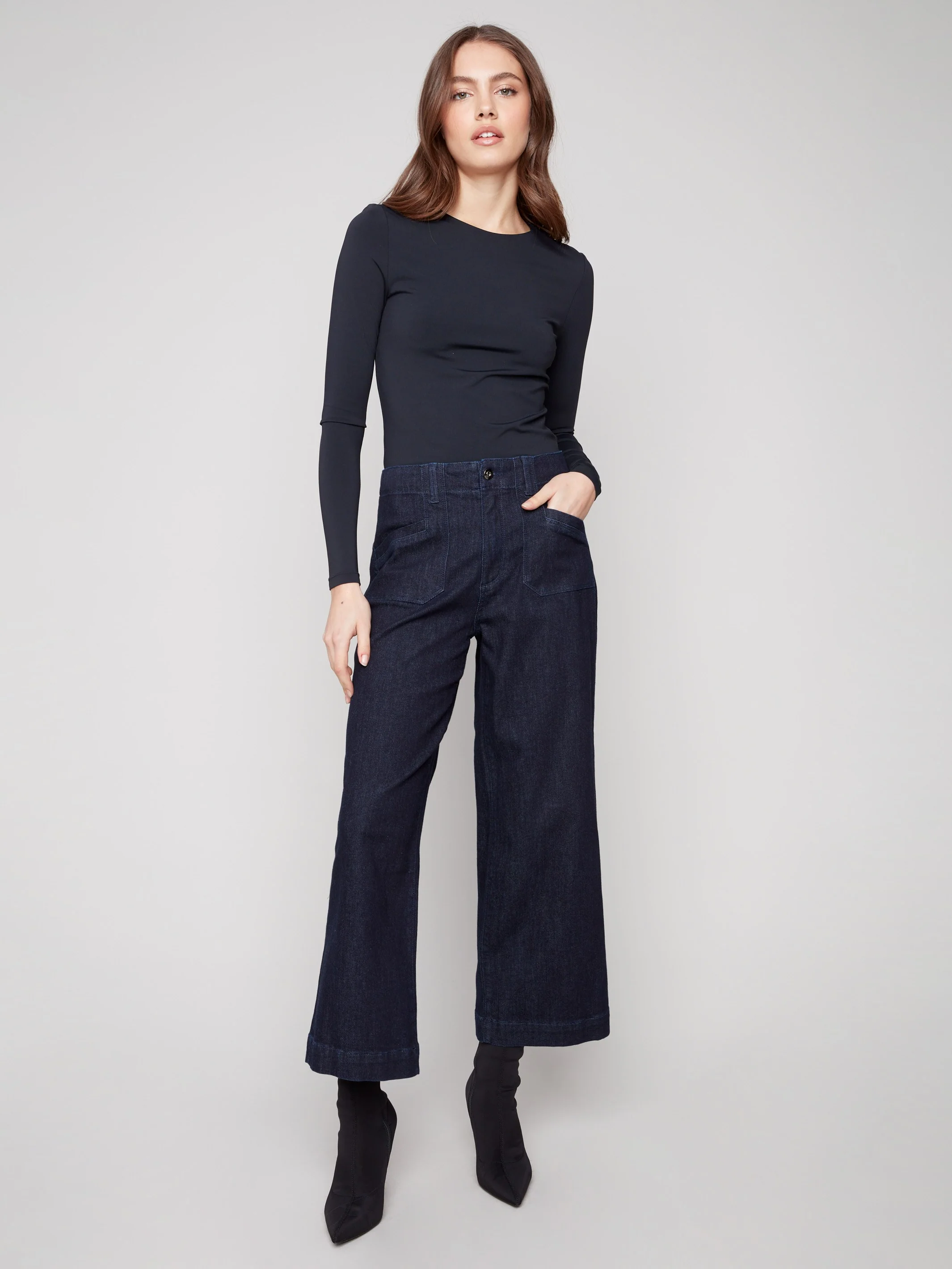 Cropped Wide Leg Stretch Jeans - Deep Blue - WHSBYS