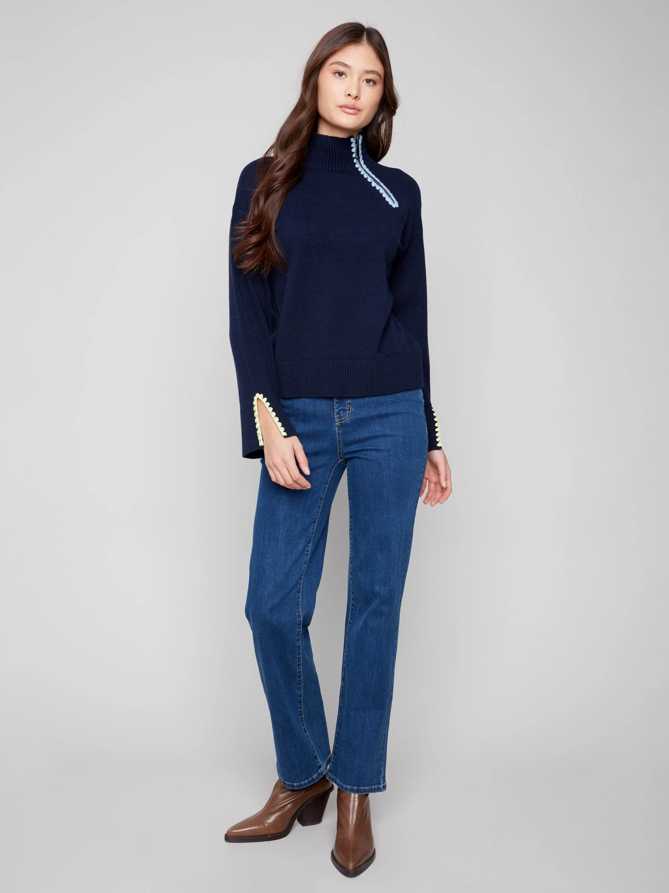 Mock Neck Sweater With Zipper & Crochet Details - Navy - WHSBYS