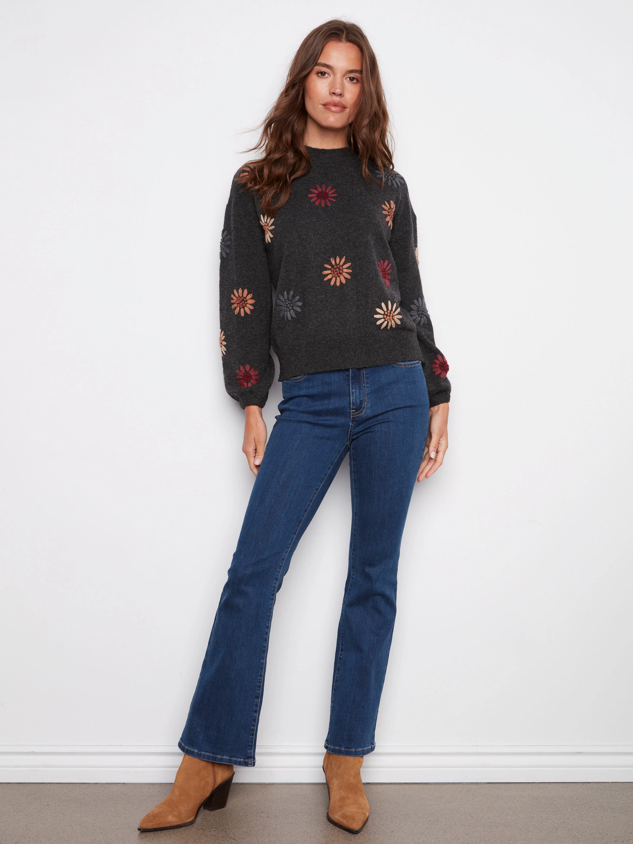 Mock Neck Sweater With Floral Embroidery - Heather Charcoal - WHSBYS