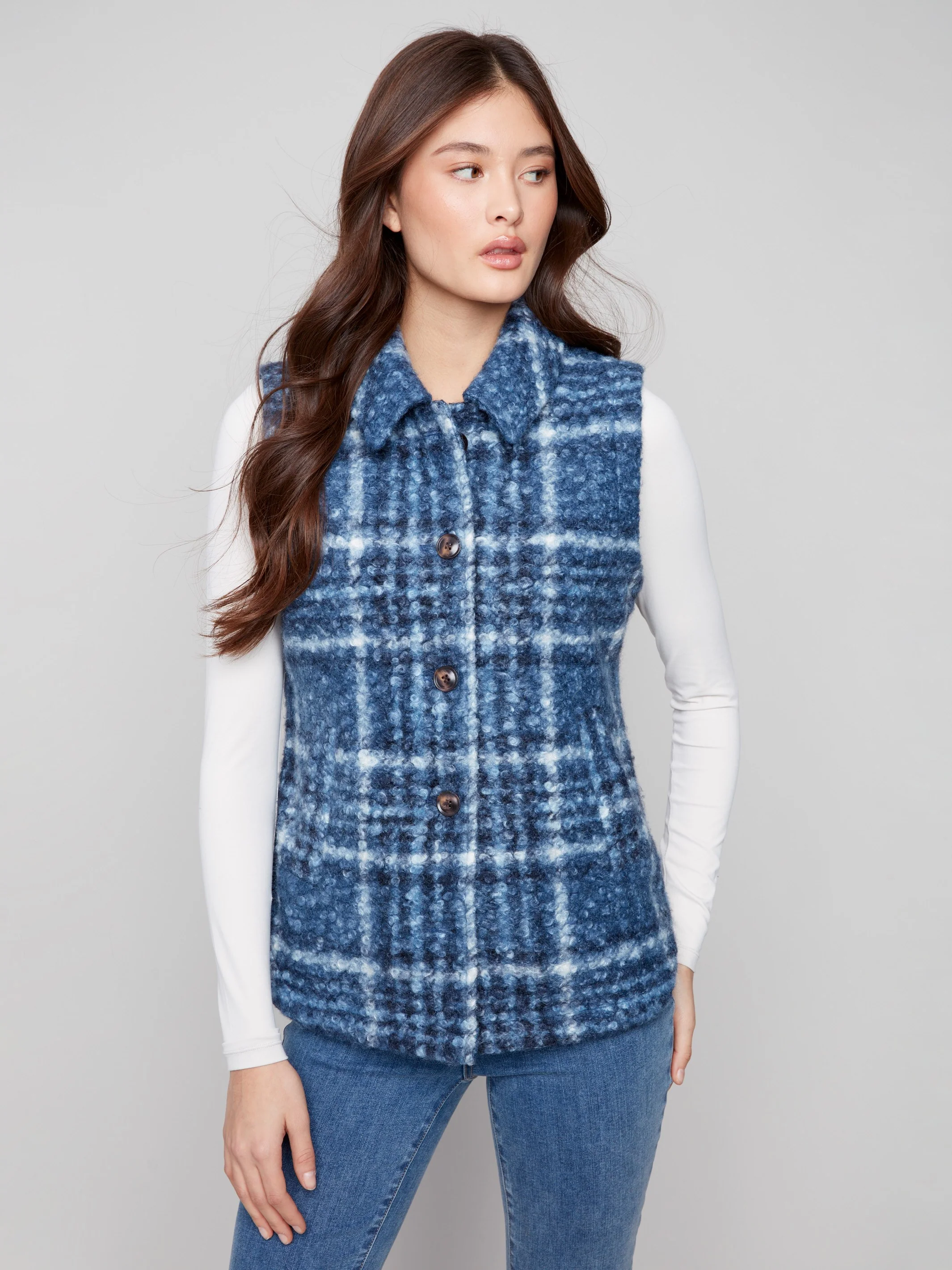 Plaid Bouclé Knit Vest - Moonlight - WHSBYS