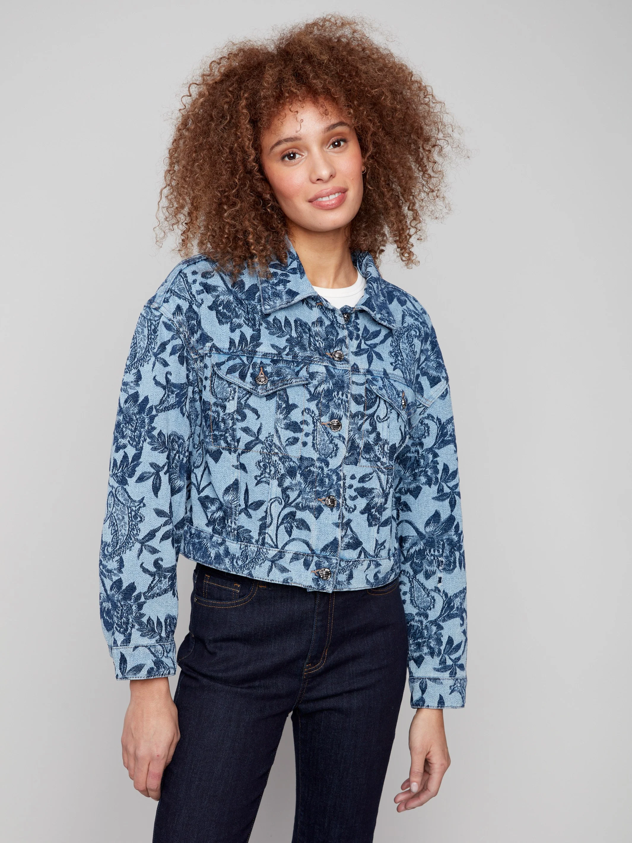 Cropped Jacquard Denim Jacket - Blue - WHSBYS