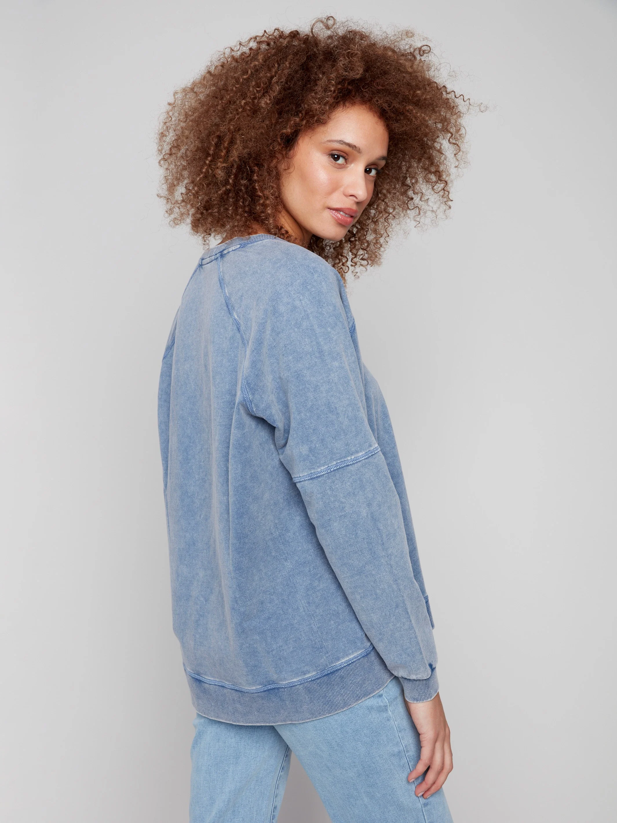 Cold Dye French Terry V-Neck Top - Denim - WHSBYS