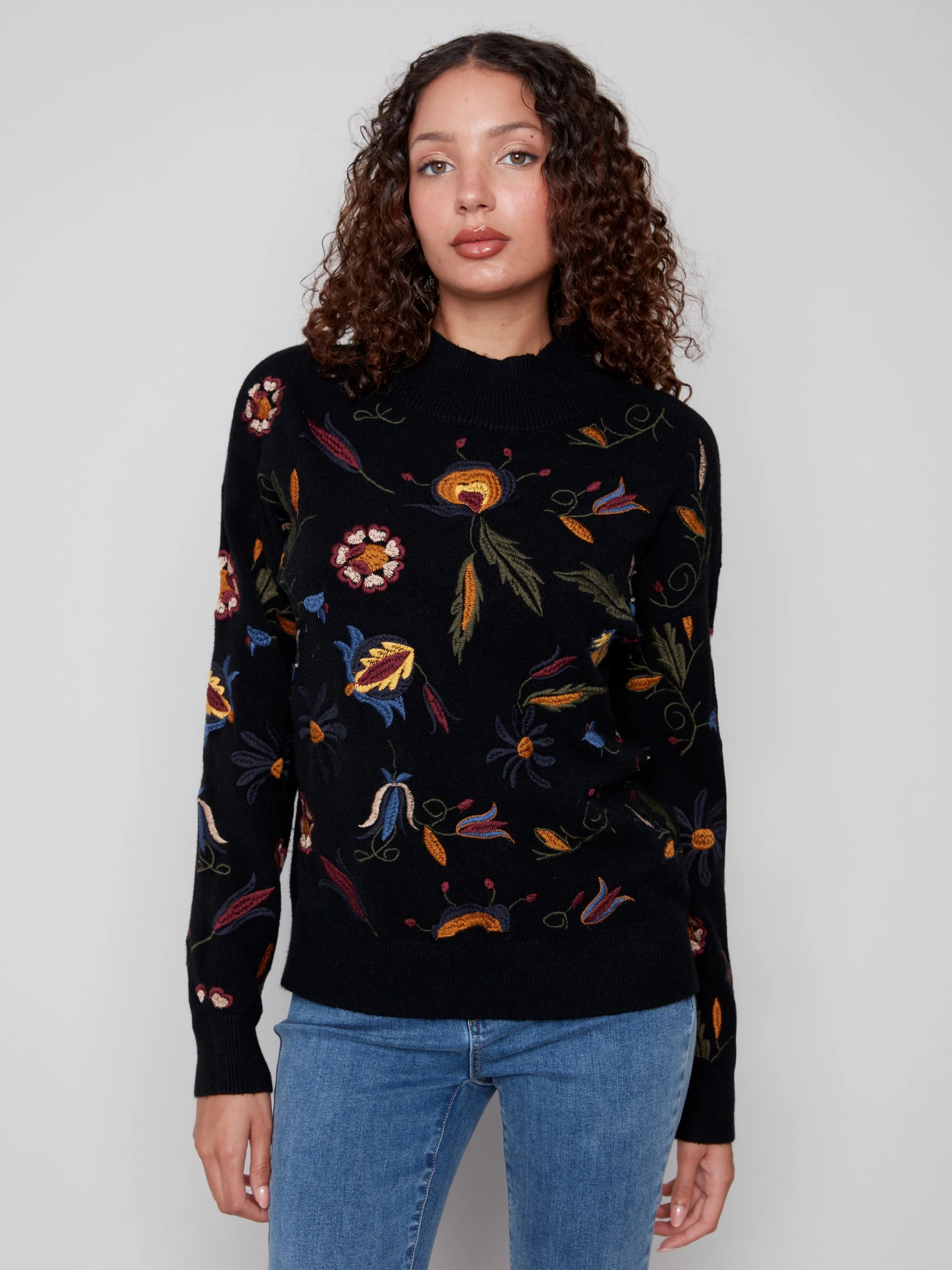 Embroidered Mock Neck Sweater - Black - WHSBYS