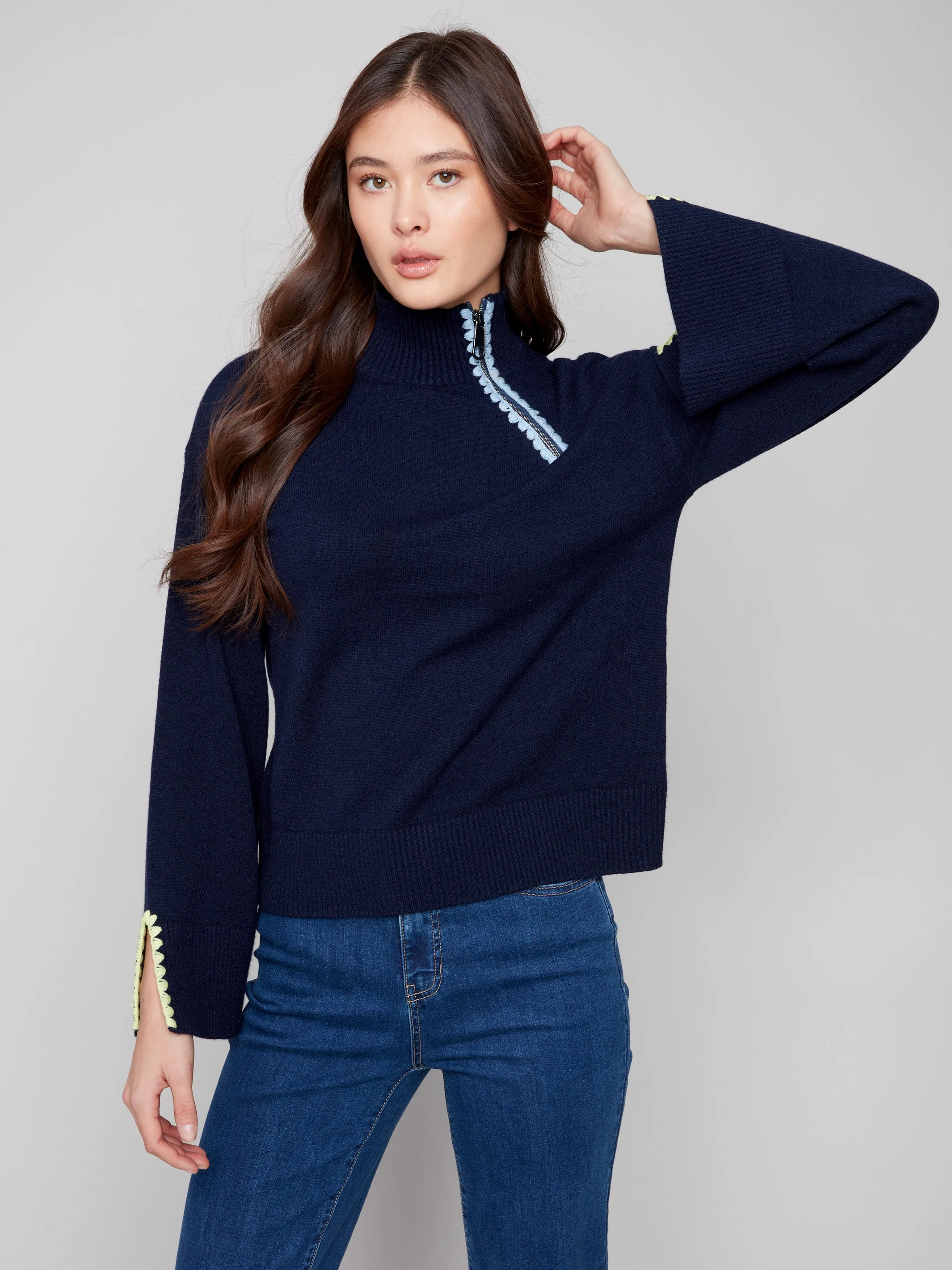 Mock Neck Sweater With Zipper & Crochet Details - Navy - WHSBYS