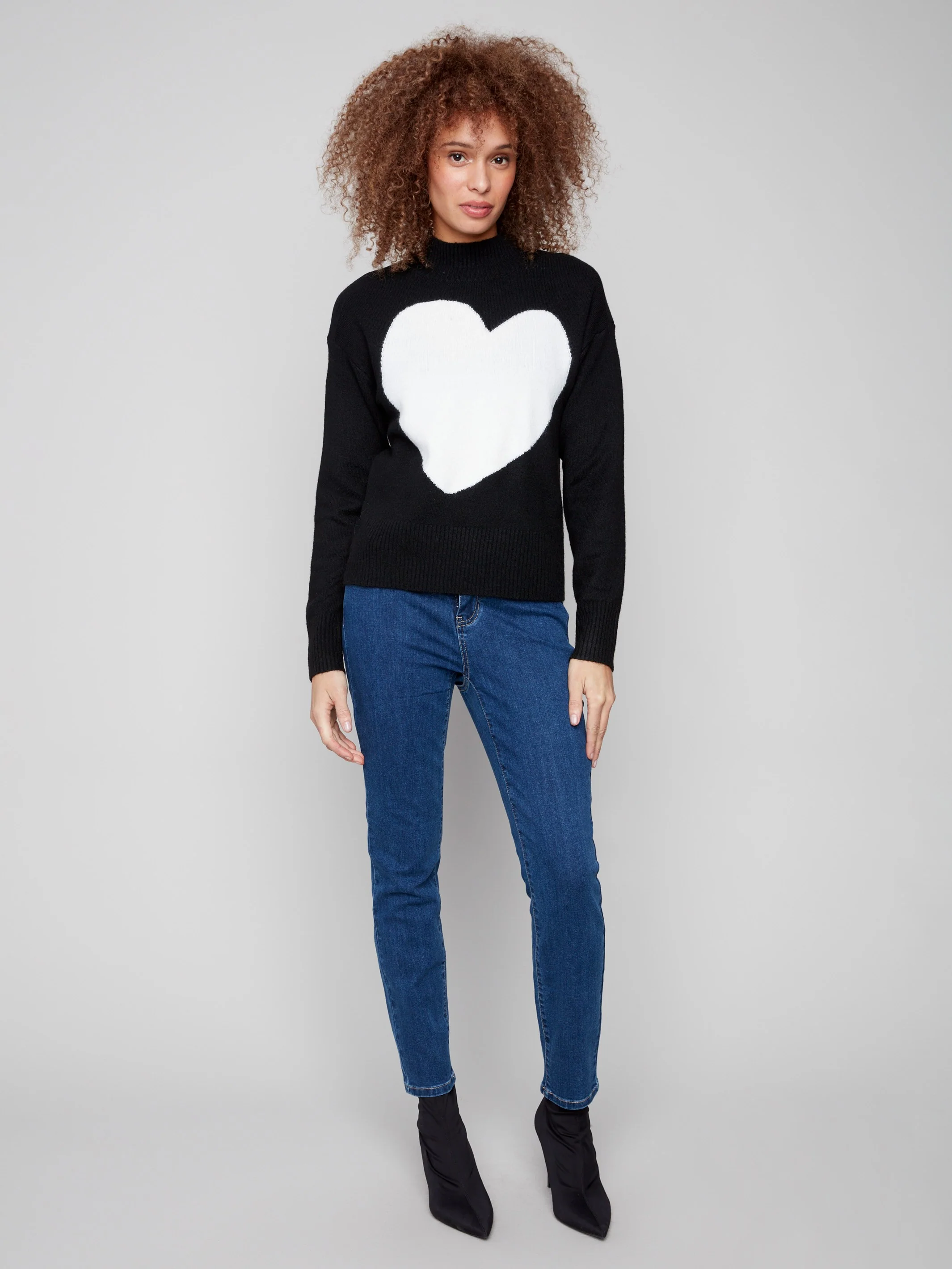 Heart Mock Neck Drop Shoulder Sweater - Black - WHSBYS