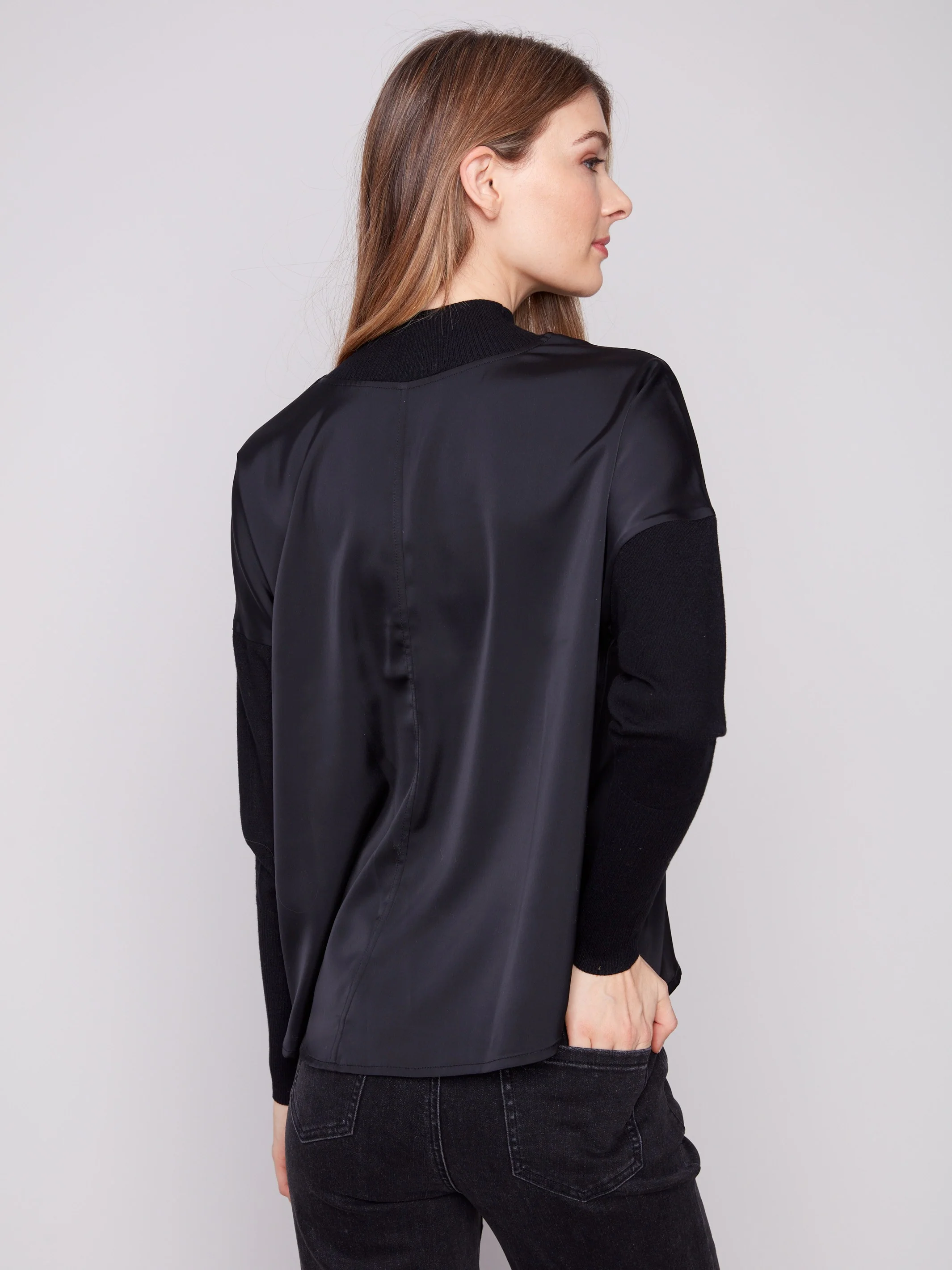 Satin Knit Top With Mock Neck - Black - WHSBYS