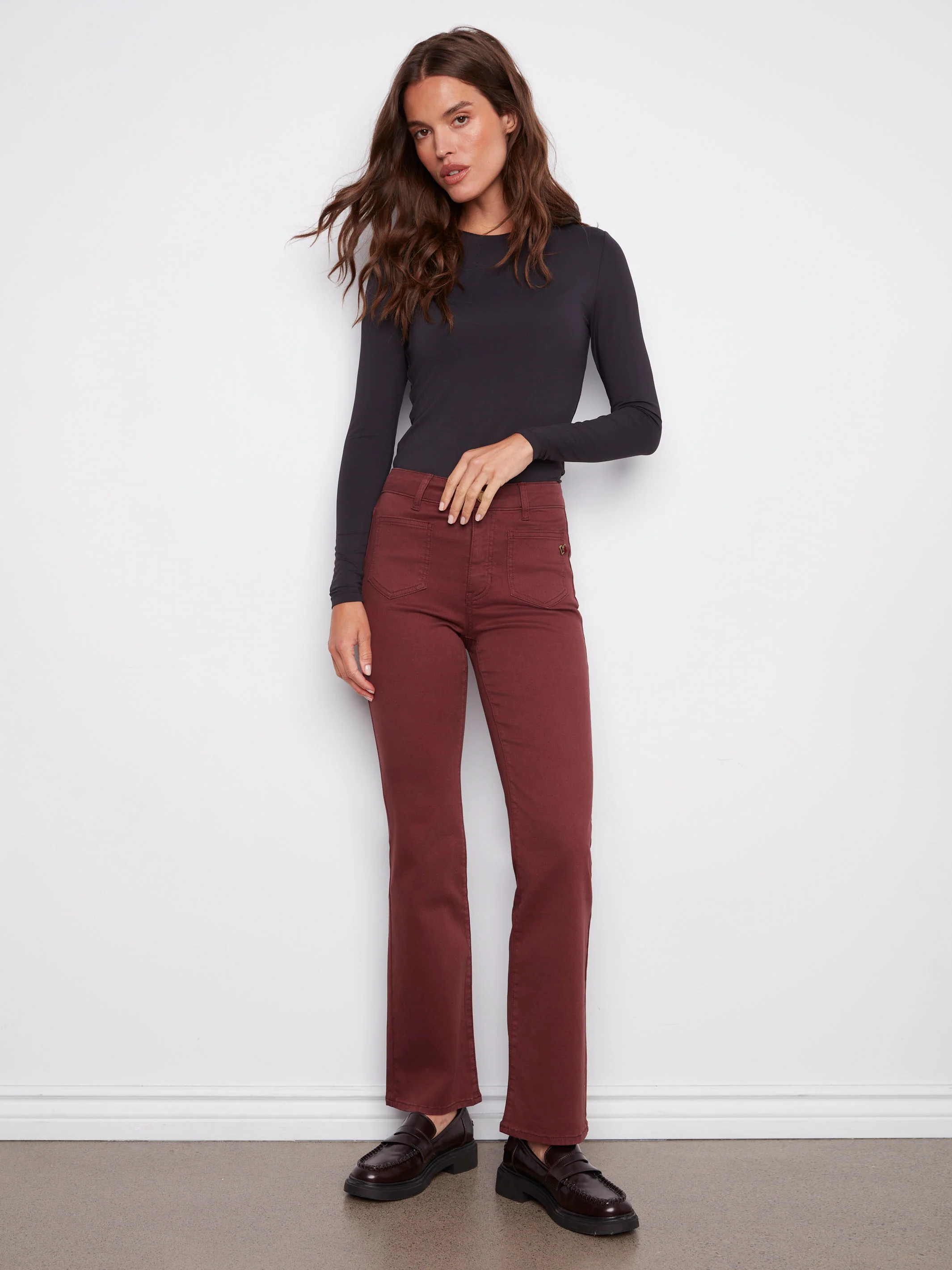 Patch Pocket Flare Twill Pants With Rivets - Cabernet - WHSBYS