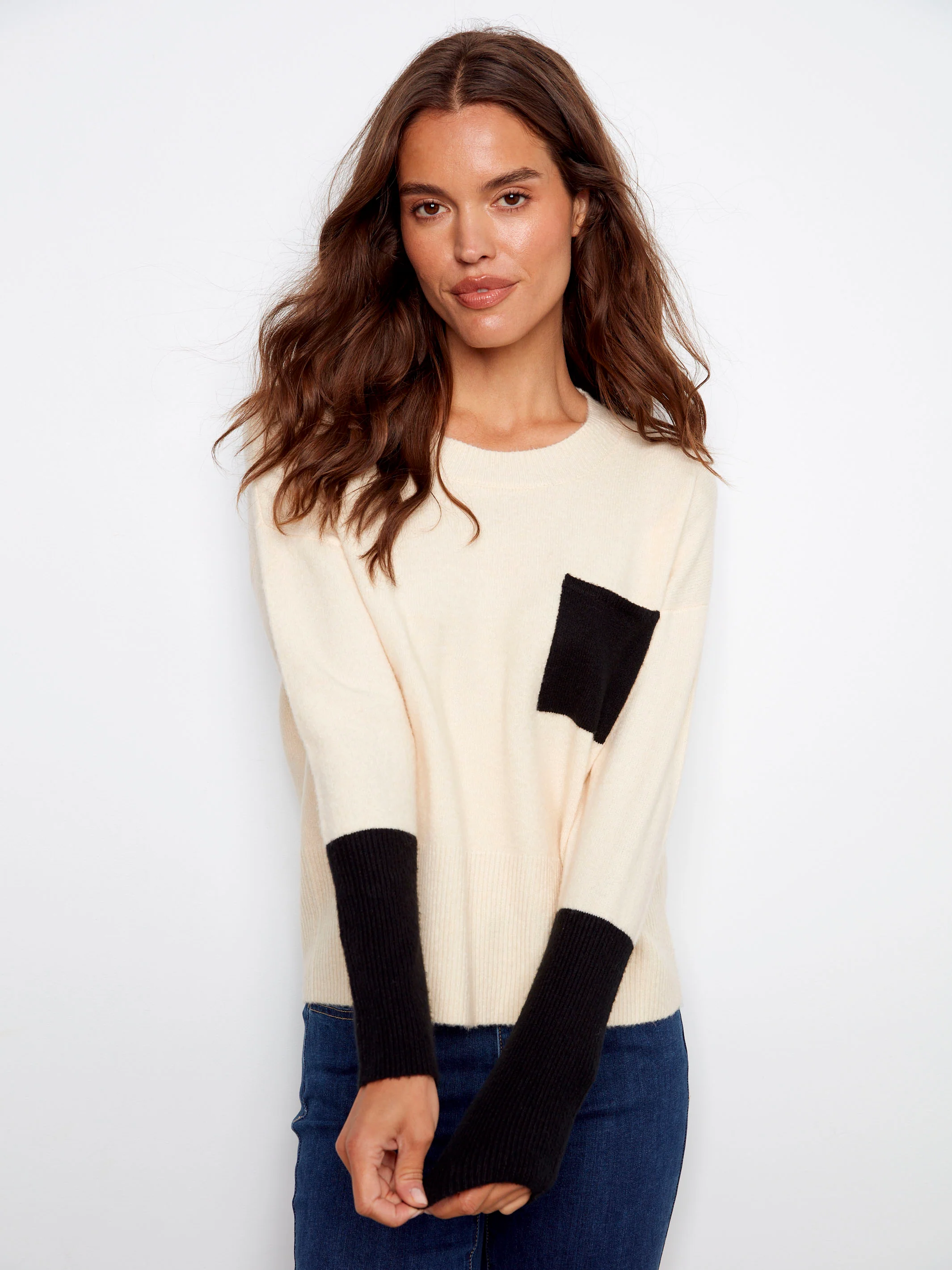 Crew Neck Sweater With Contrast Details - Ecru - WHSBYS