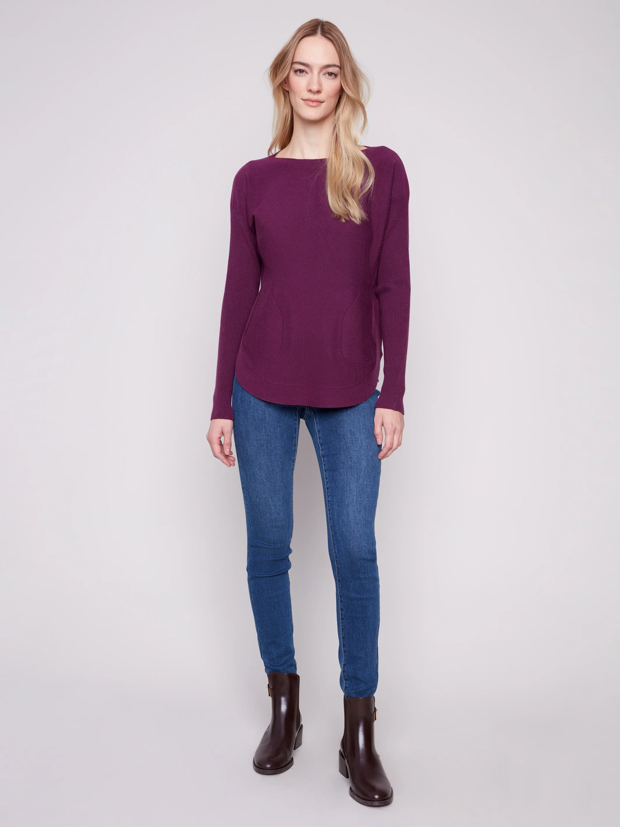 Knit Sweater With Back Lace-Up Detail - Berry - WHSBYS