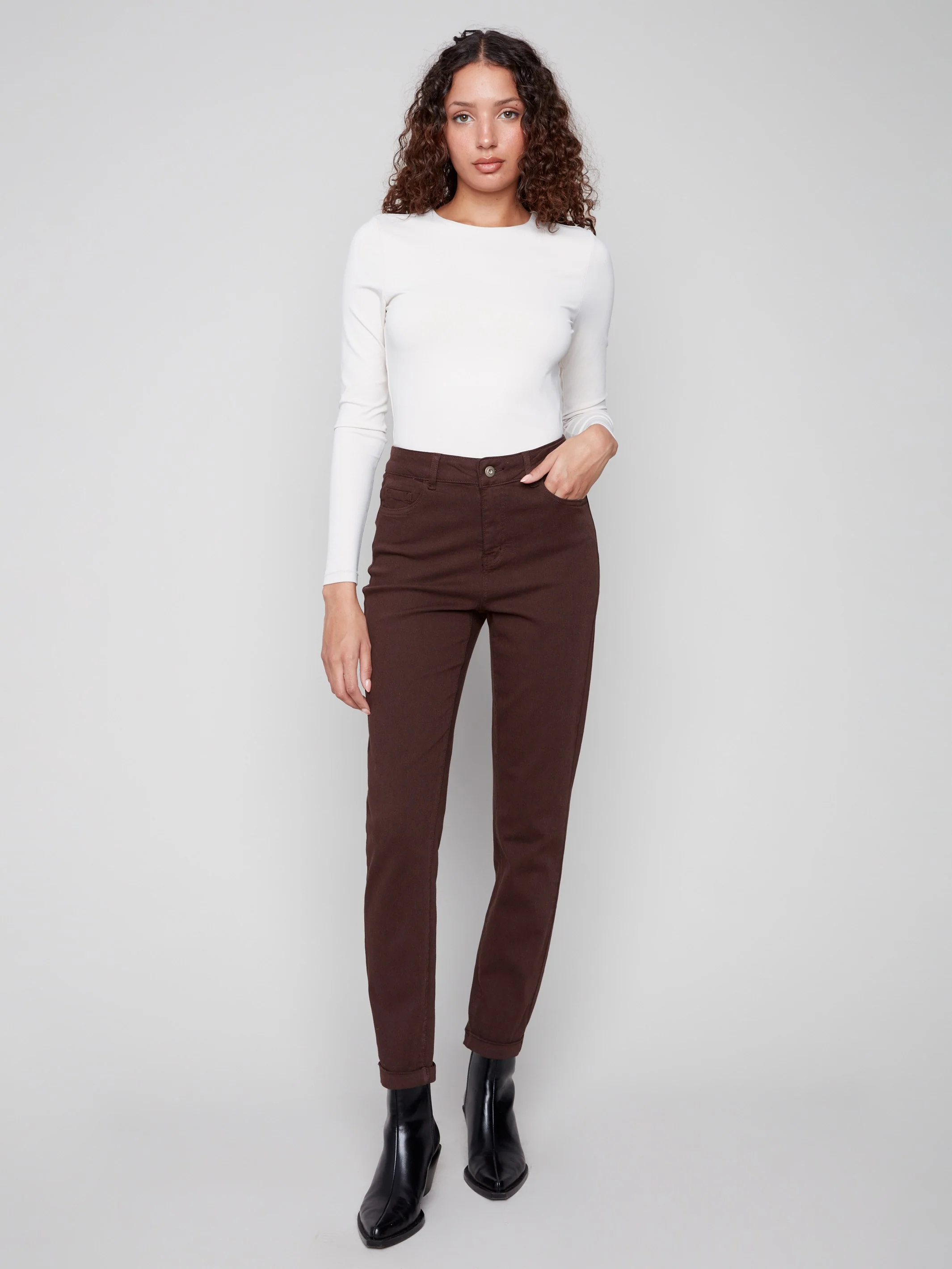 Cuffed Hem Twill Jeans - Mocha - WHSBYS