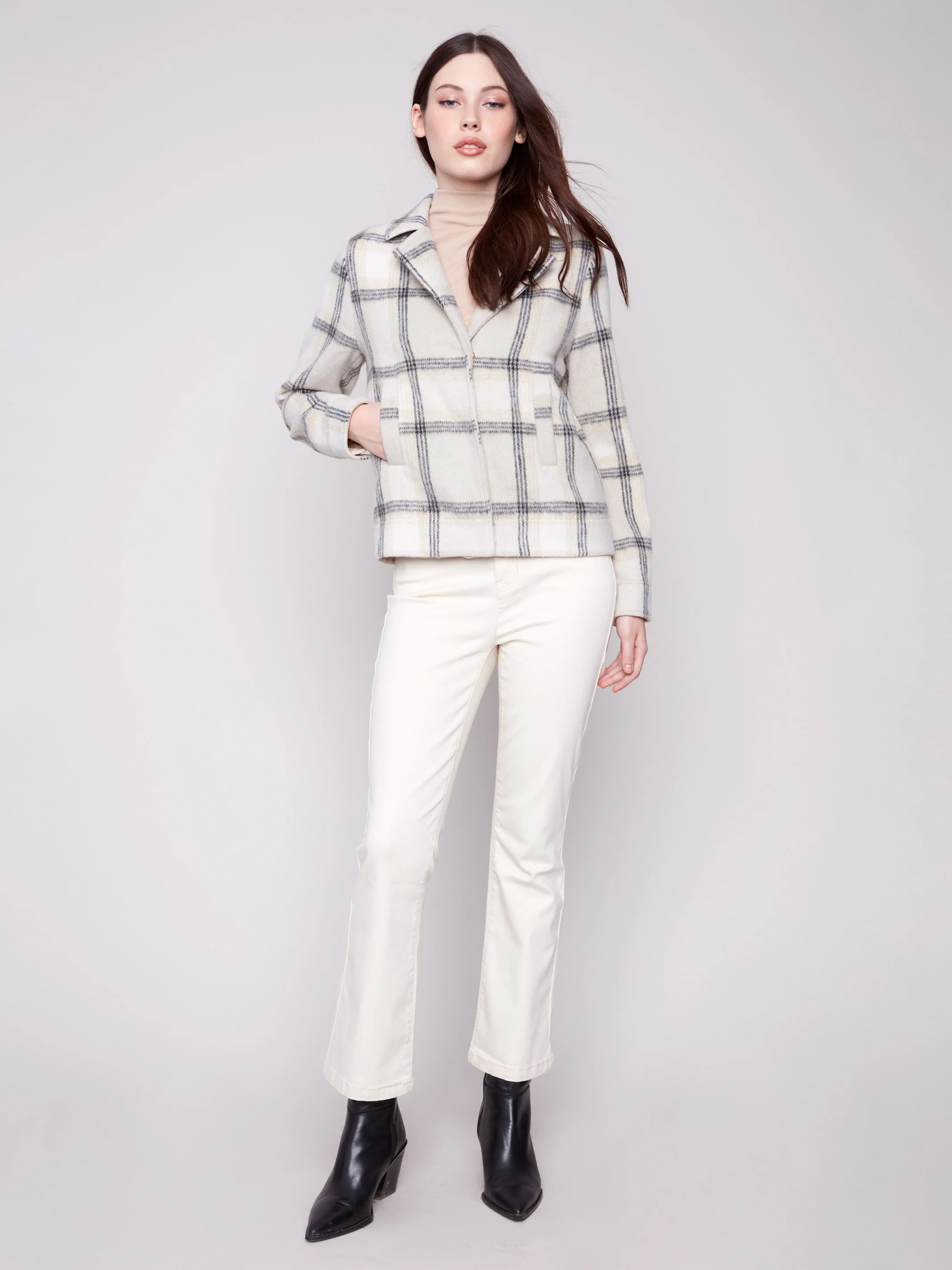 Plaid Lurex Knit Short Coat - Beige - WHSBYS