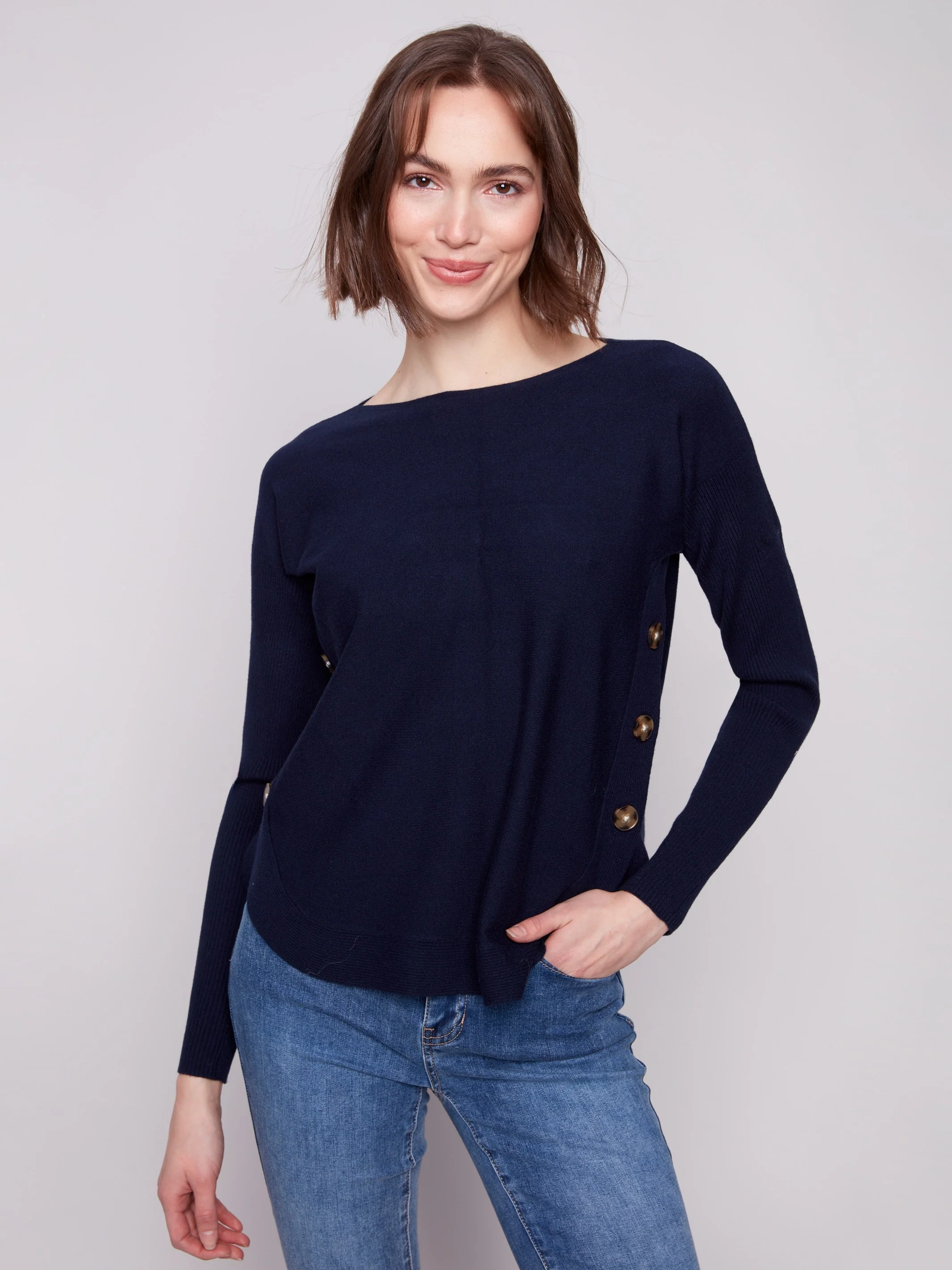 Boat Neck Sweater With Side Buttons - Navy - WHSBYS
