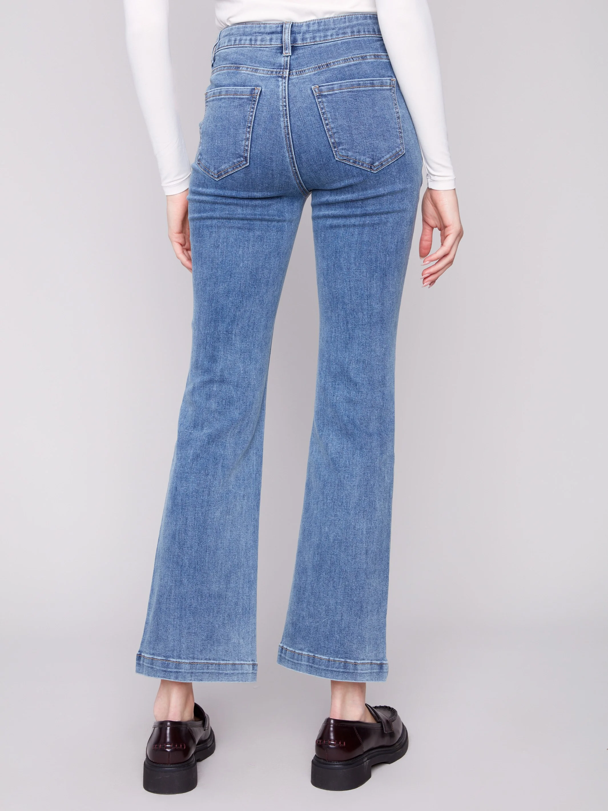 Flare Leg Stretch Jeans With Buttons - Medium Blue - WHSBYS