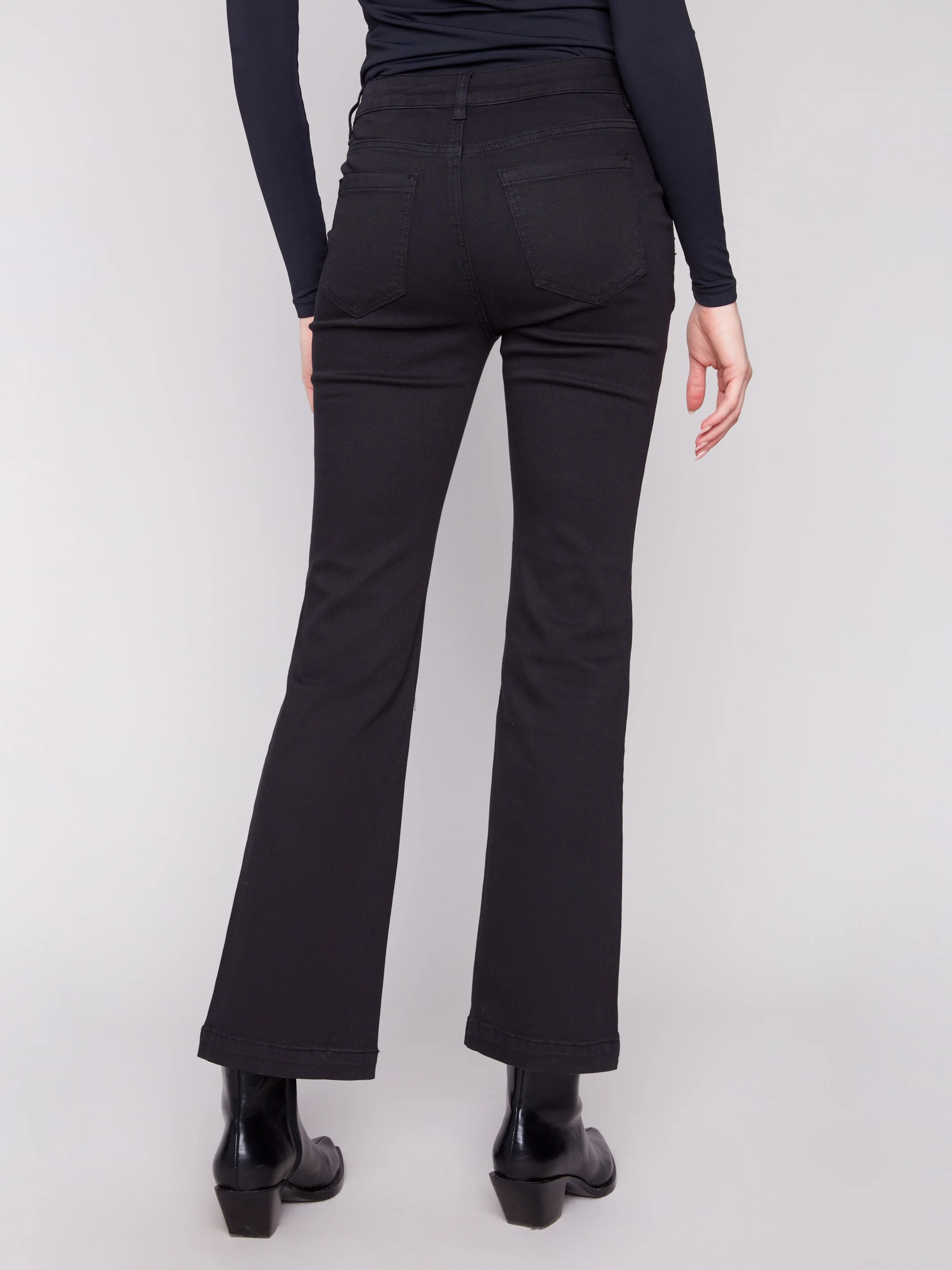 Flare Leg Stretch Twill Pants With Buttons - Black - WHSBYS