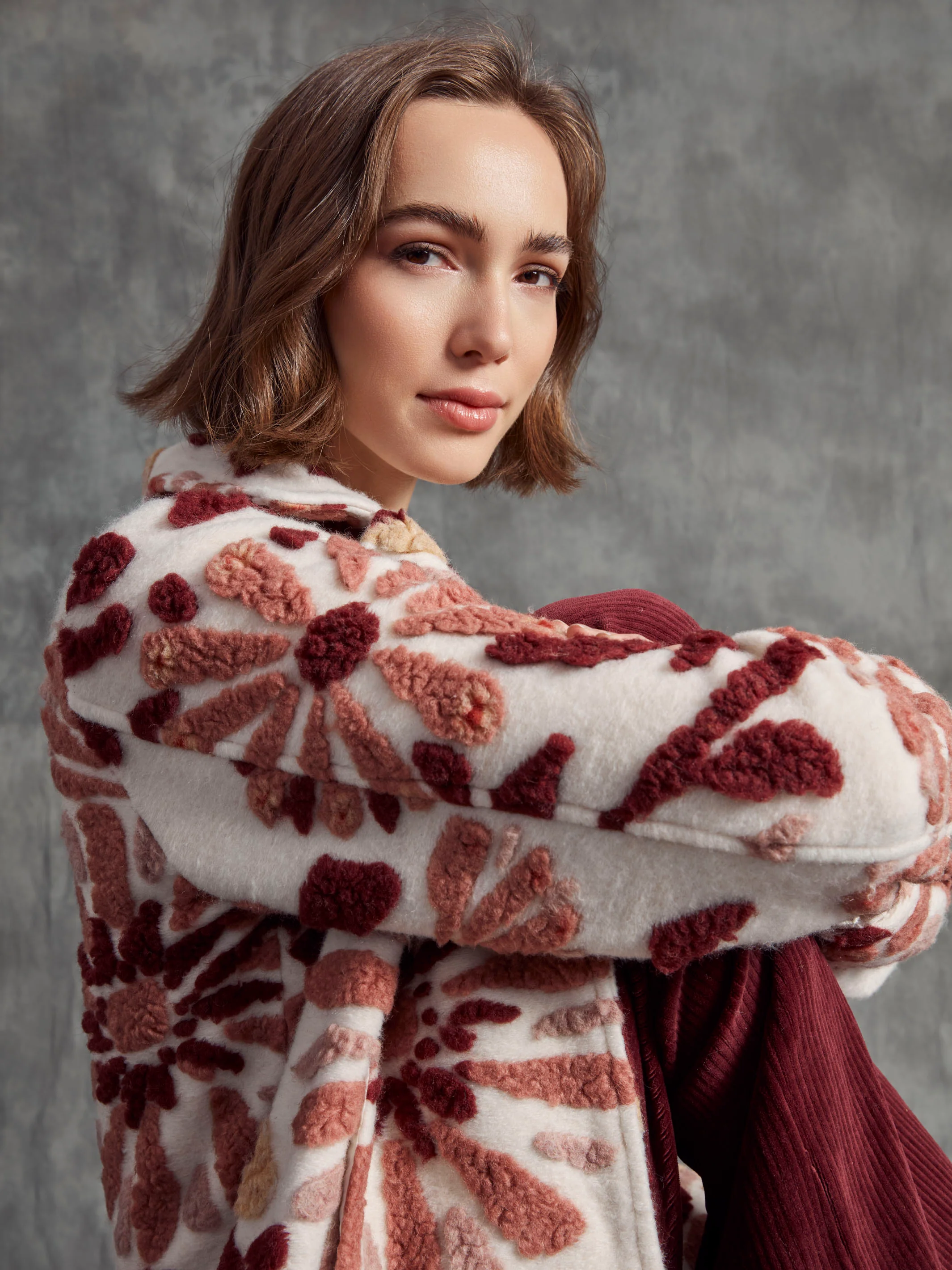 Floral Sherpa Fleece Short Coat - Cabernet - WHSBYS