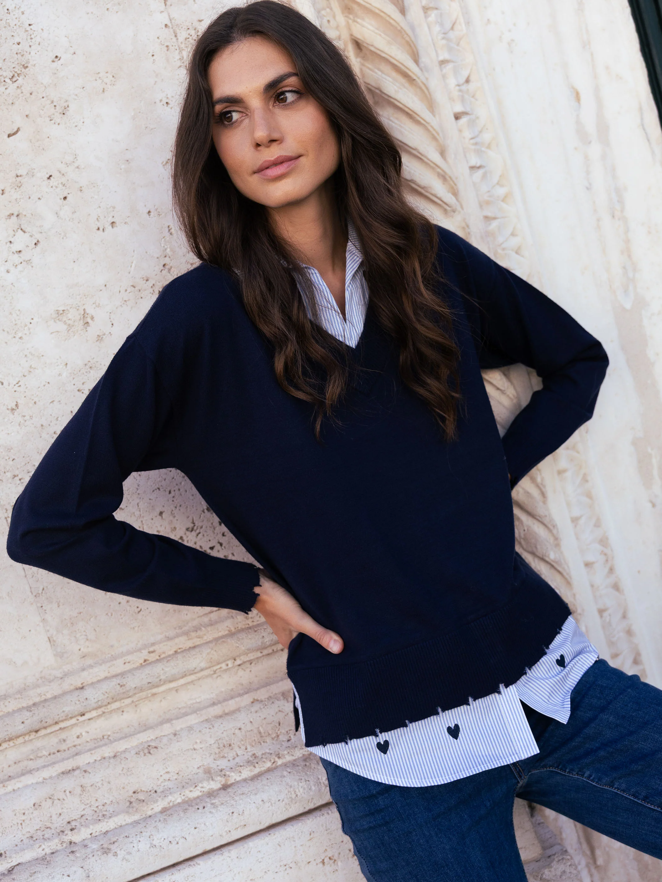 V-Neck Fooler Sweater With Embroidered Shirt Collar - Navy - WHSBYS
