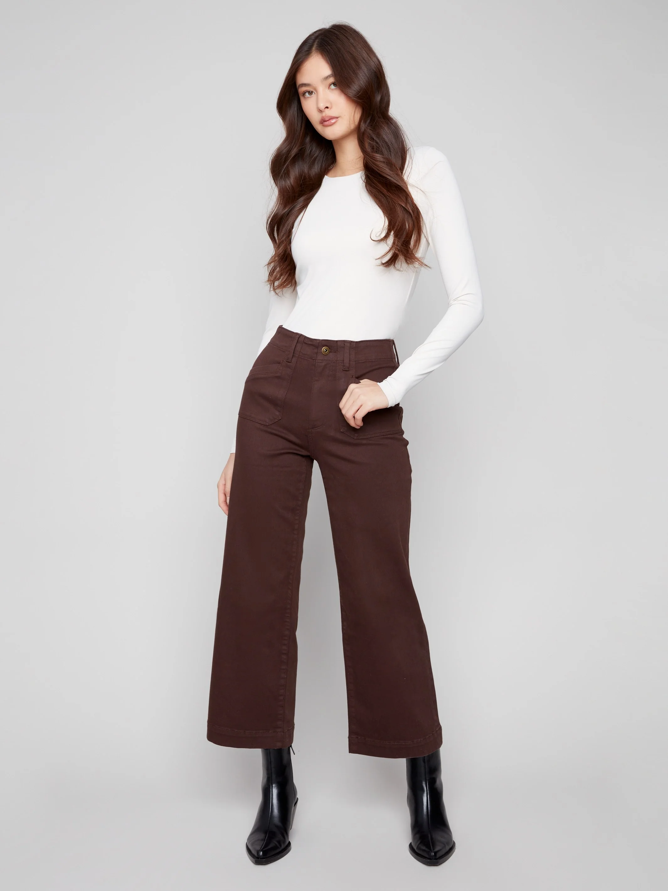 Cropped Wide Leg Stretch Twill Pants - Mocha - WHSBYS