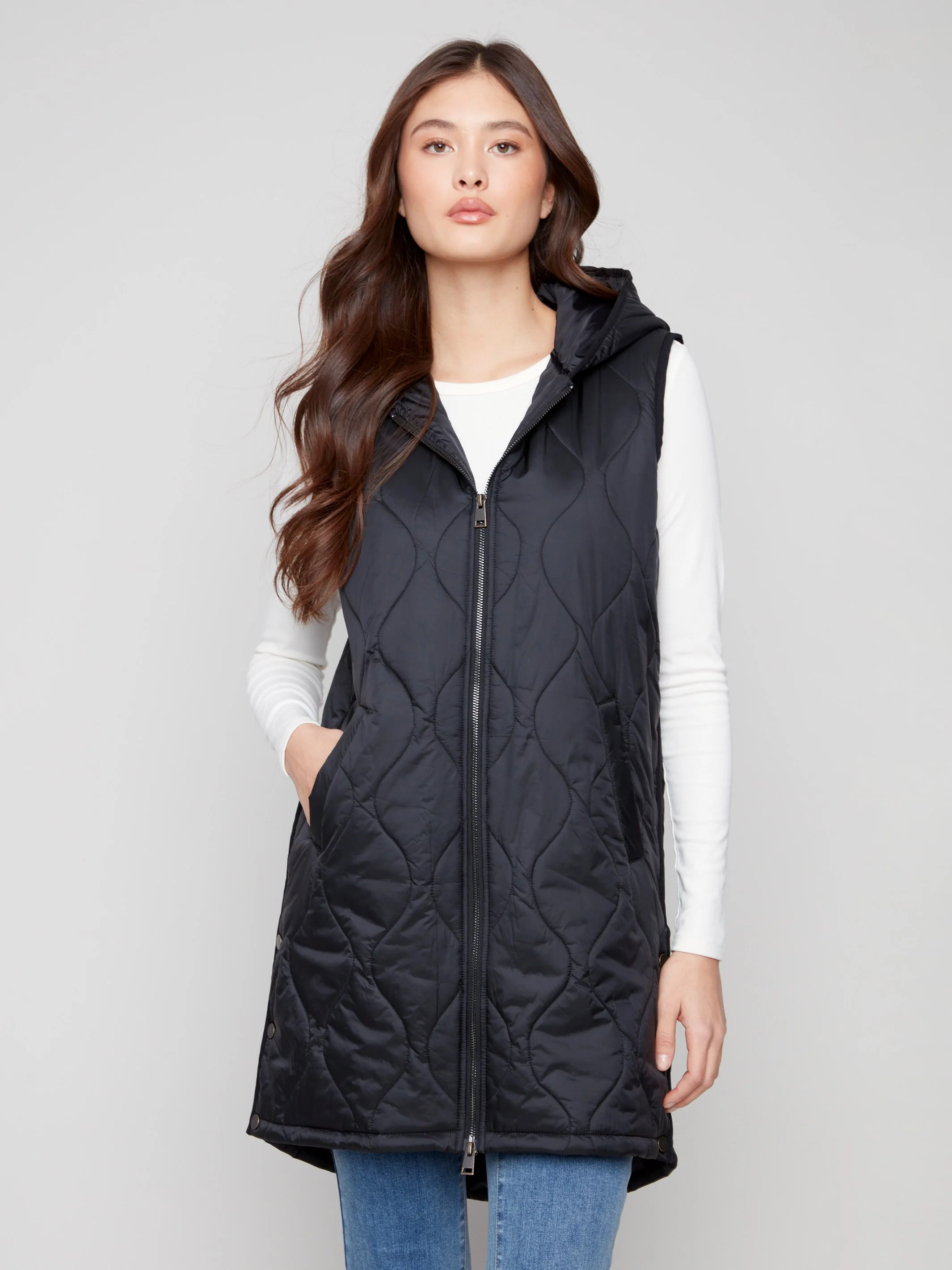 Pearlized Long Hooded Vest - Black - WHSBYS