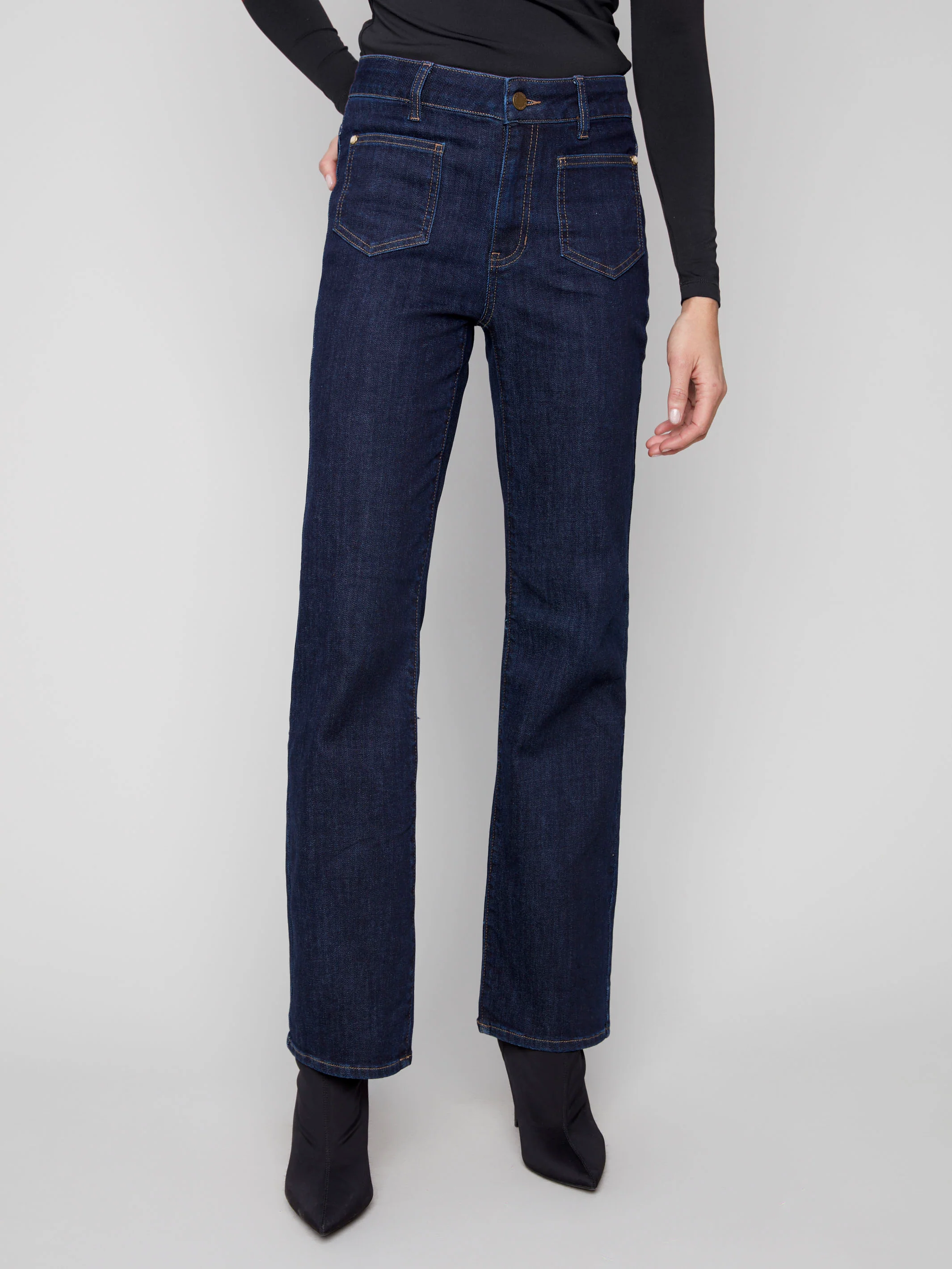 Patch Pocket Flare Jeans With Rivets - Deep Blue - WHSBYS