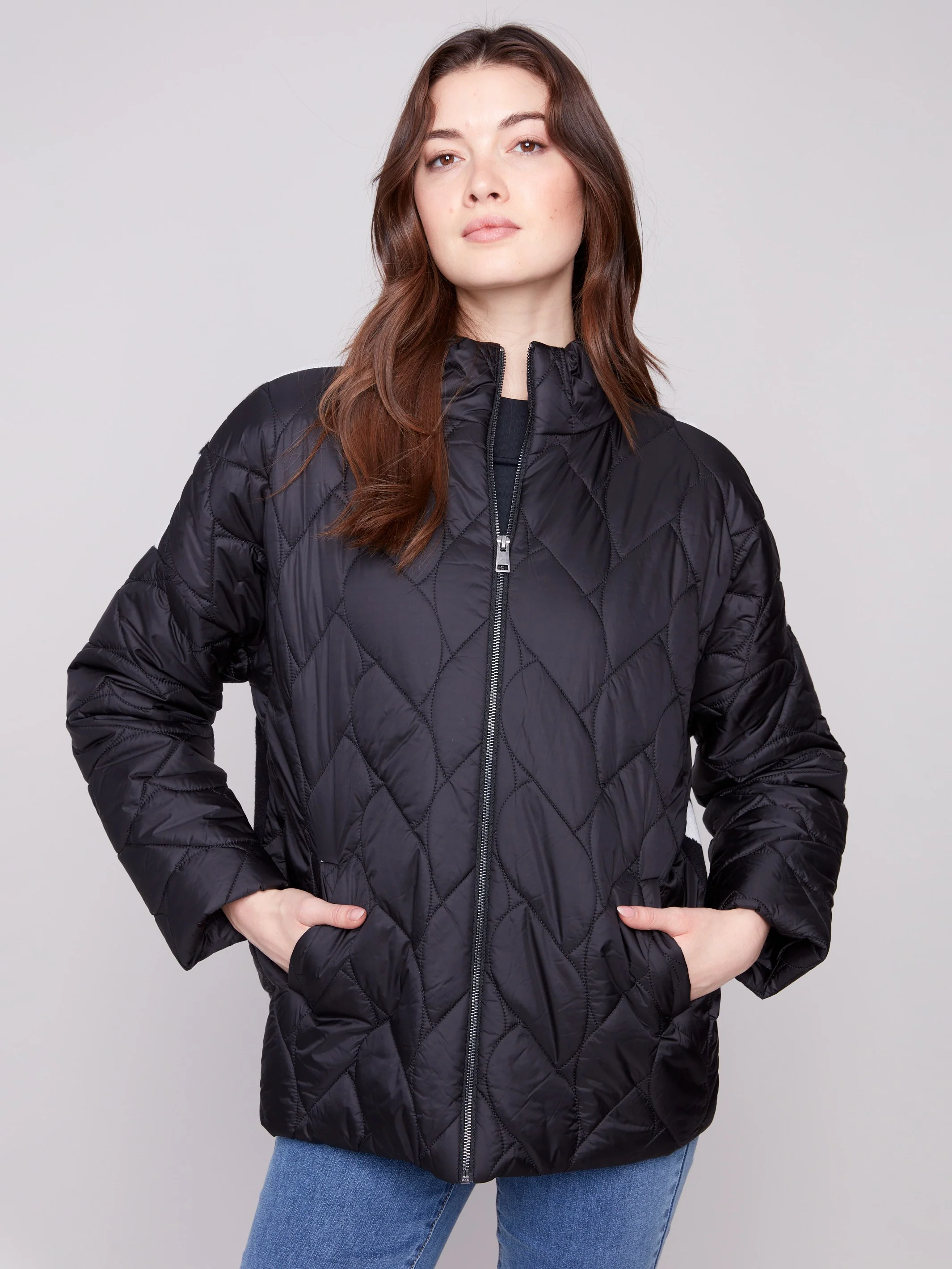 Jacquard Quilted Puffer Jacket - Black/Cream - WHSBYS