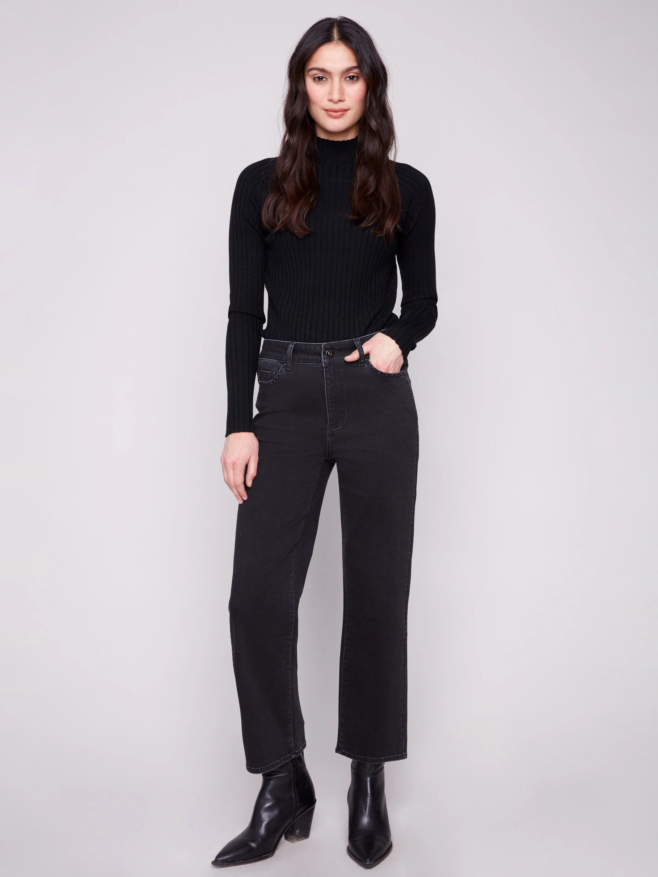 Straight Leg Jeans With Side Studs - Charcoal - WHSBYS