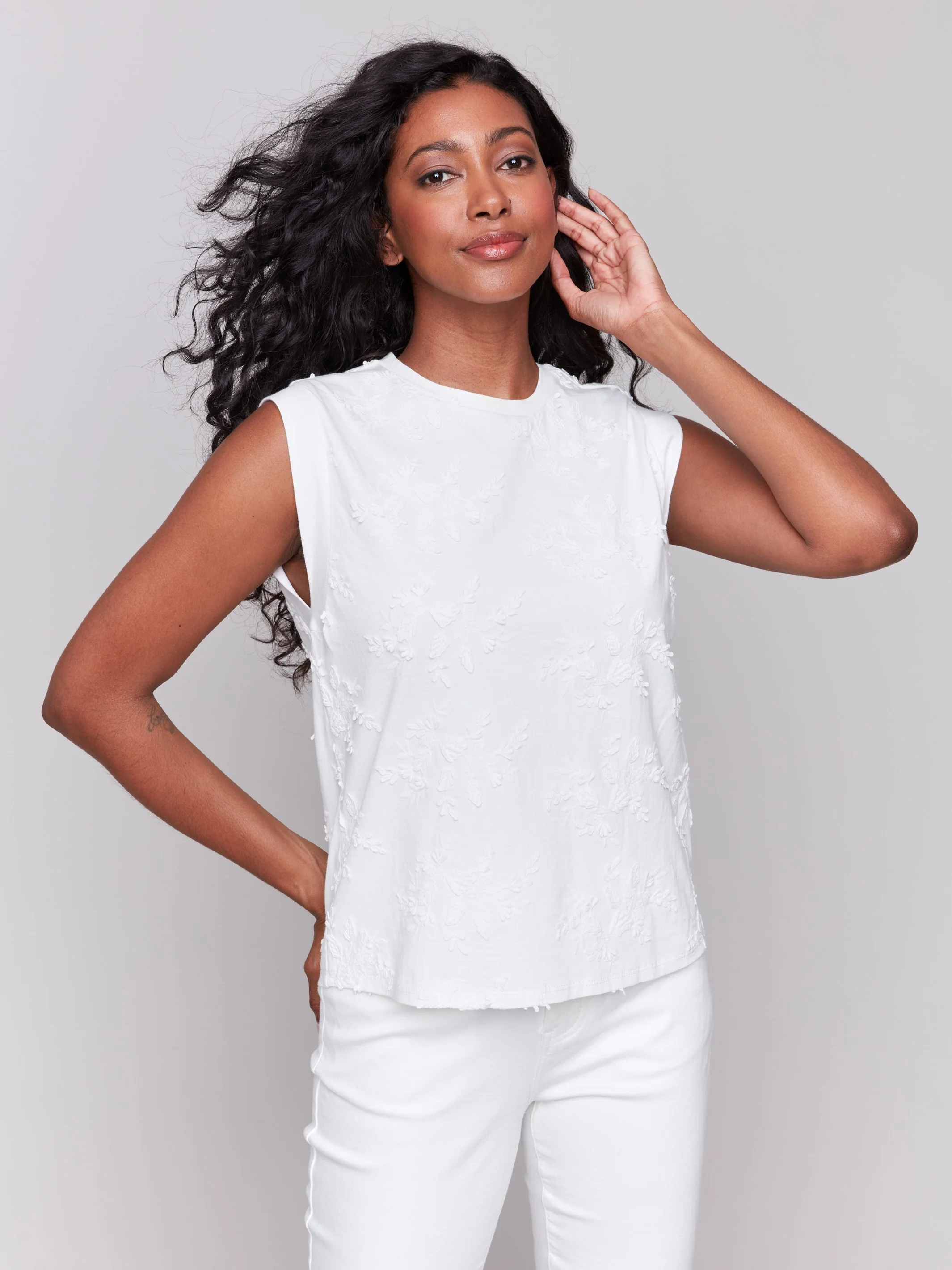 Floral Embroidered Sleeveless Cotton Top - White - WHSBYS