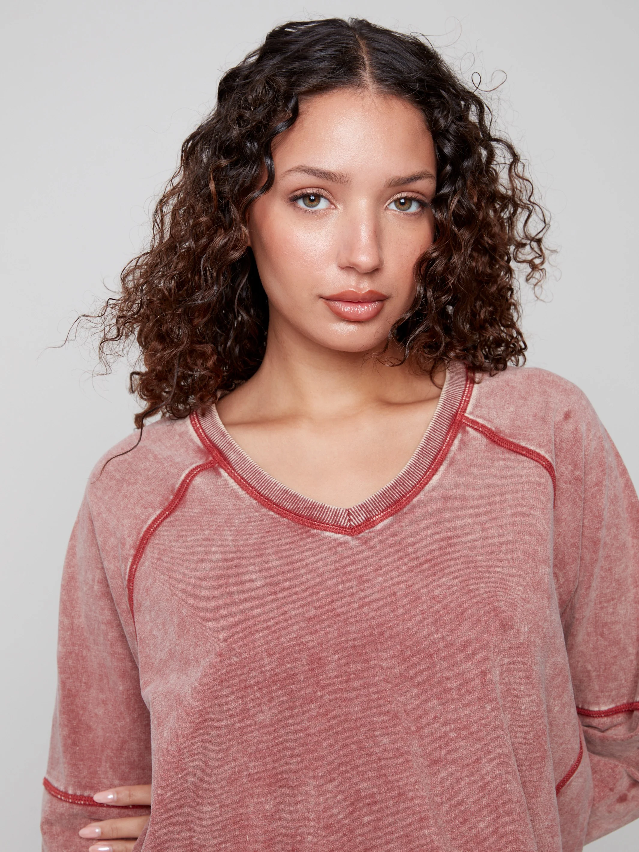 Cold Dye French Terry V-Neck Top - Cabernet - WHSBYS