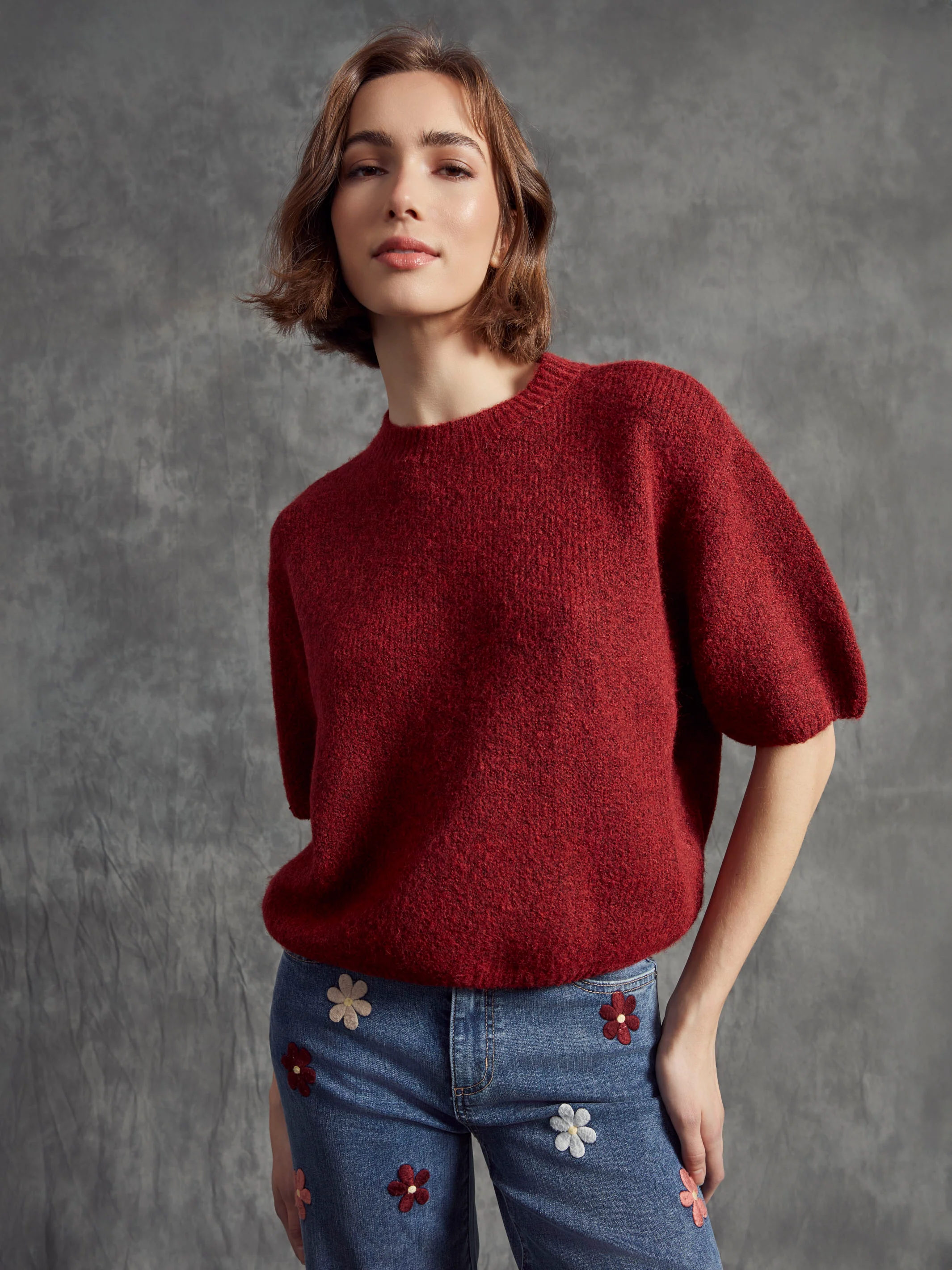 Balloon Elbow Sleeve Knit Sweater - Cabernet - WHSBYS
