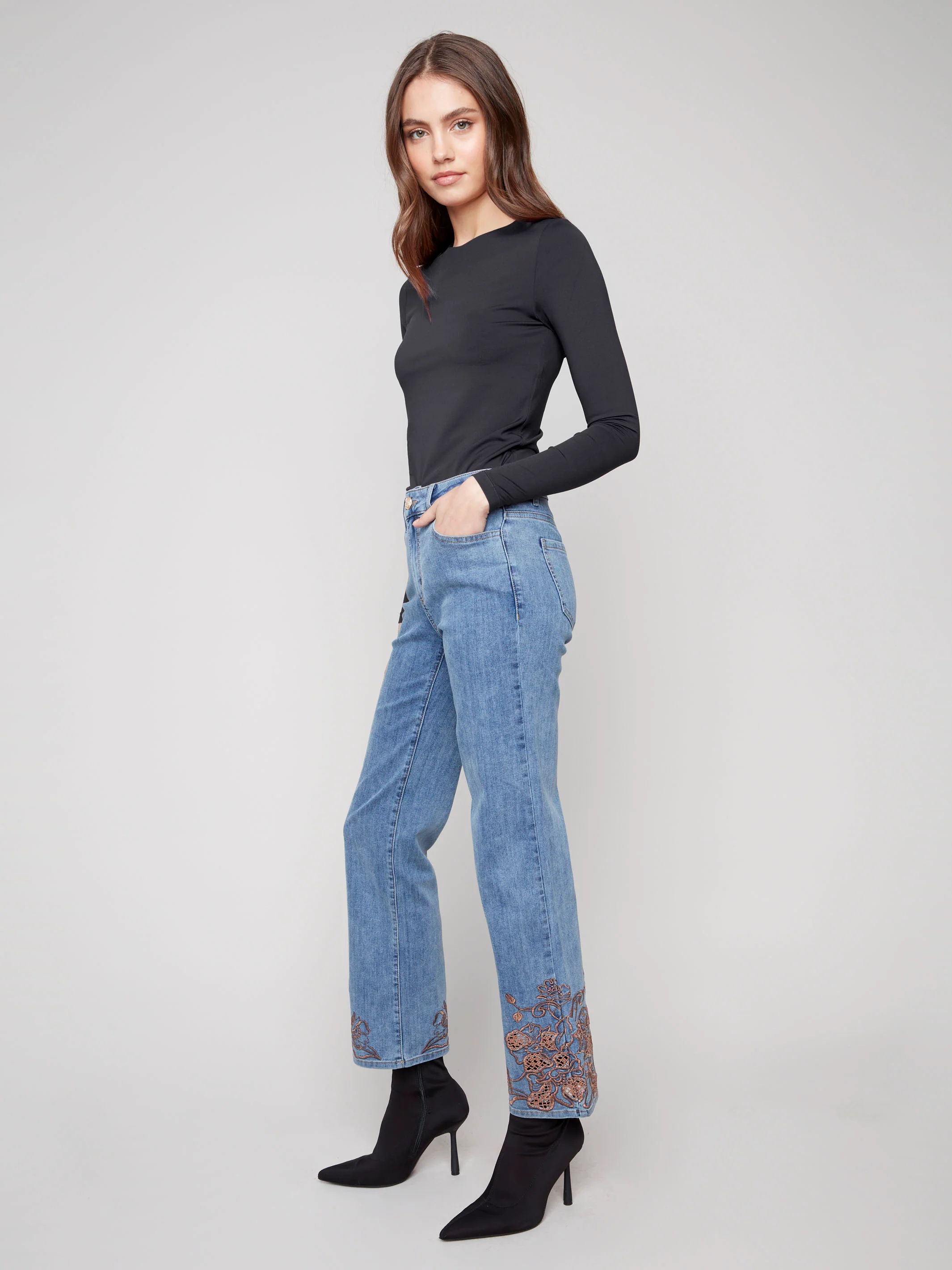 Straight Leg Jeans With Lace Embroidery - Medium Blue - WHSBYS
