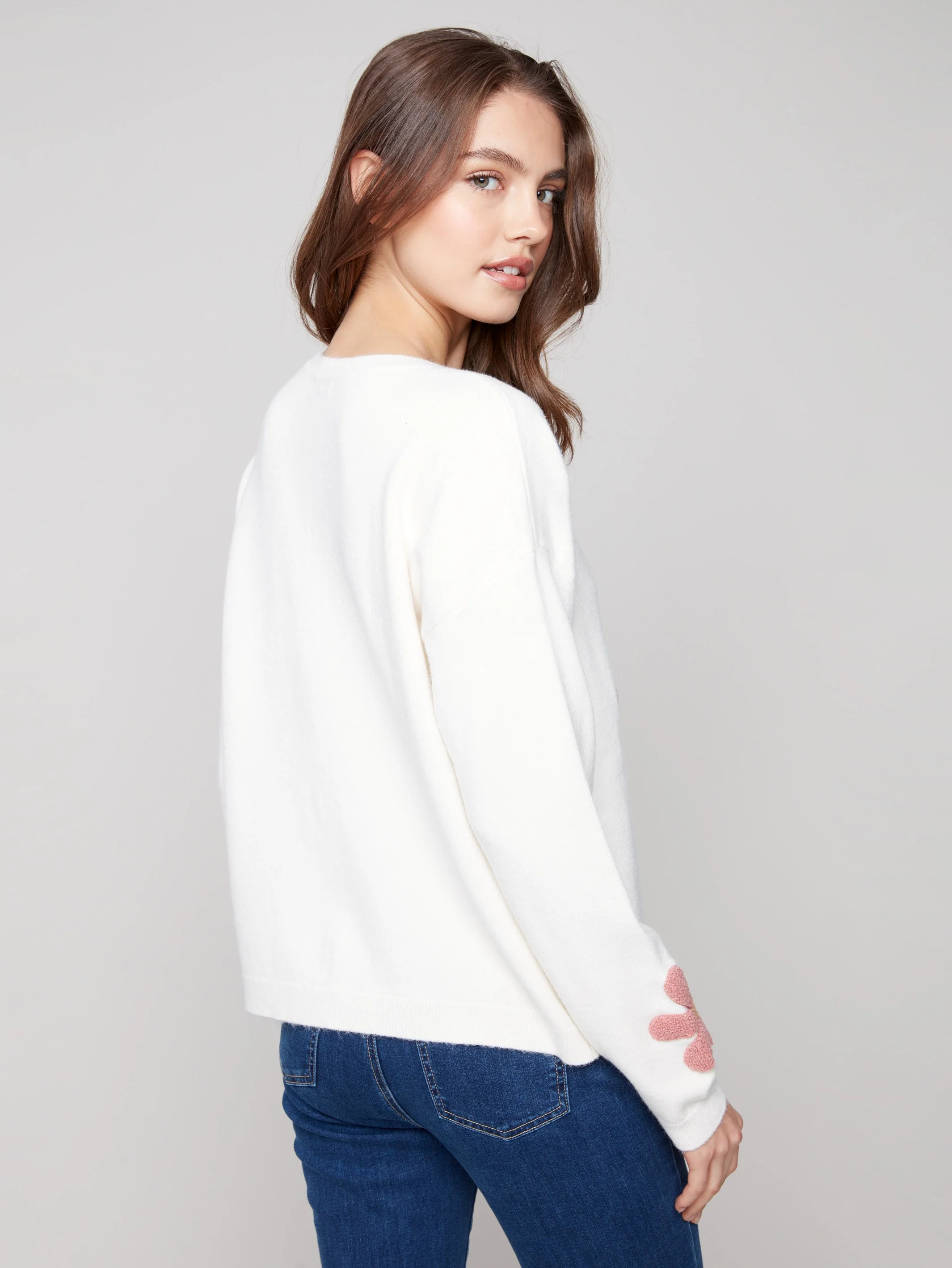 Plush Sweater with Boucle Flowers - Ecru - WHSBYS