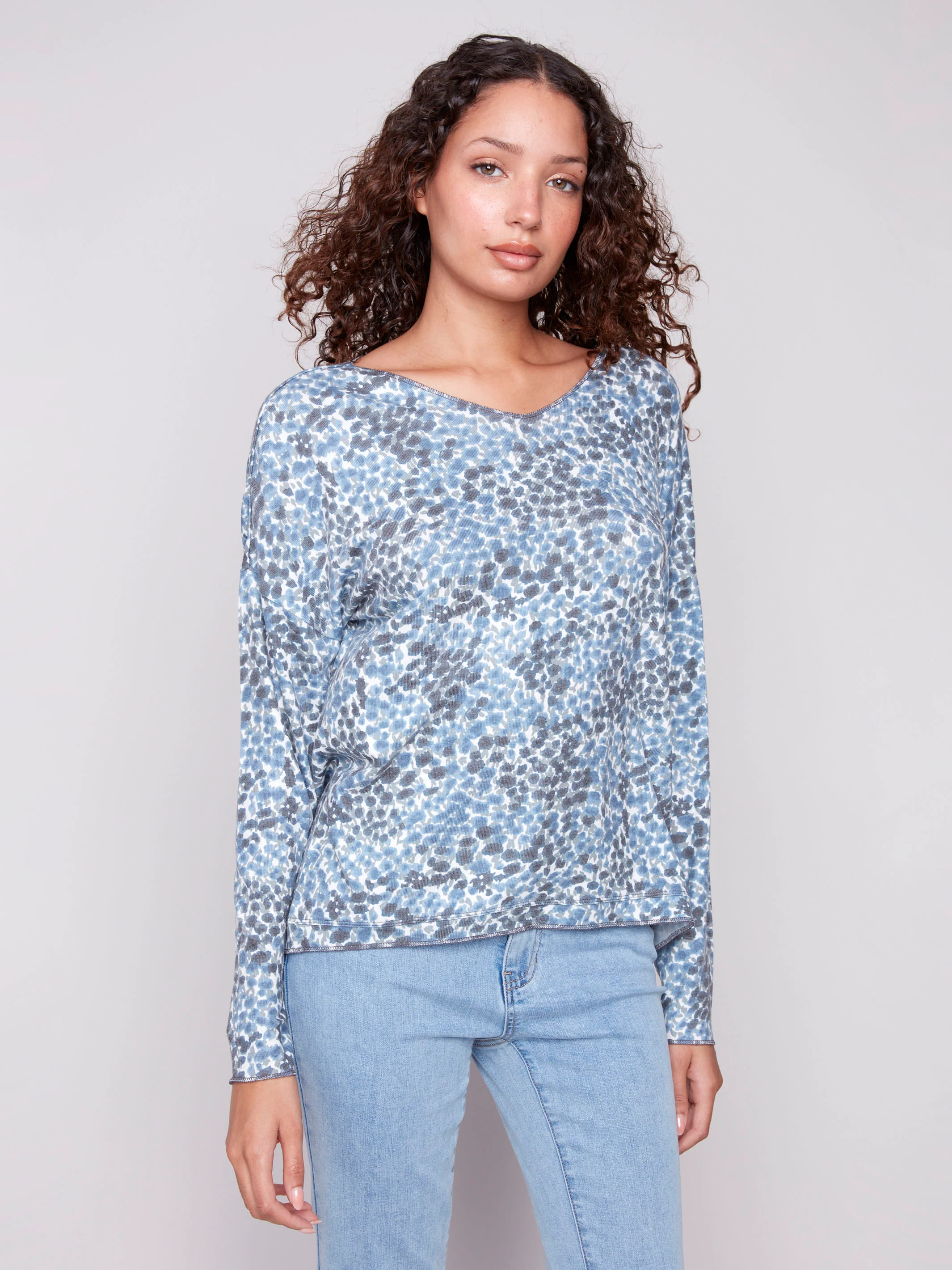 Printed V-Neck Knit Top - Ditsy - WHSBYS