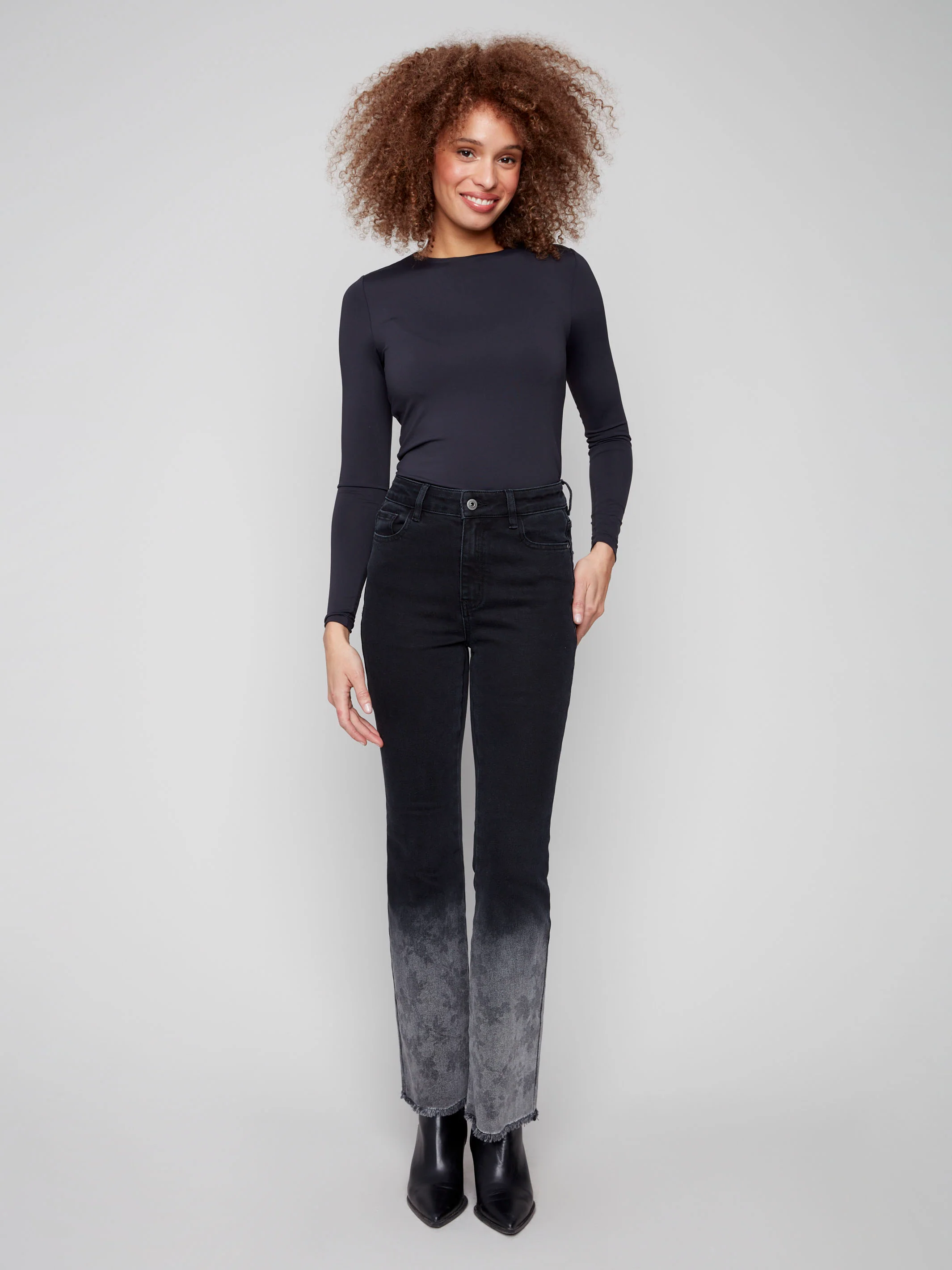 Flared Jeans With Floral Washed Hem - Charcoal - WHSBYS