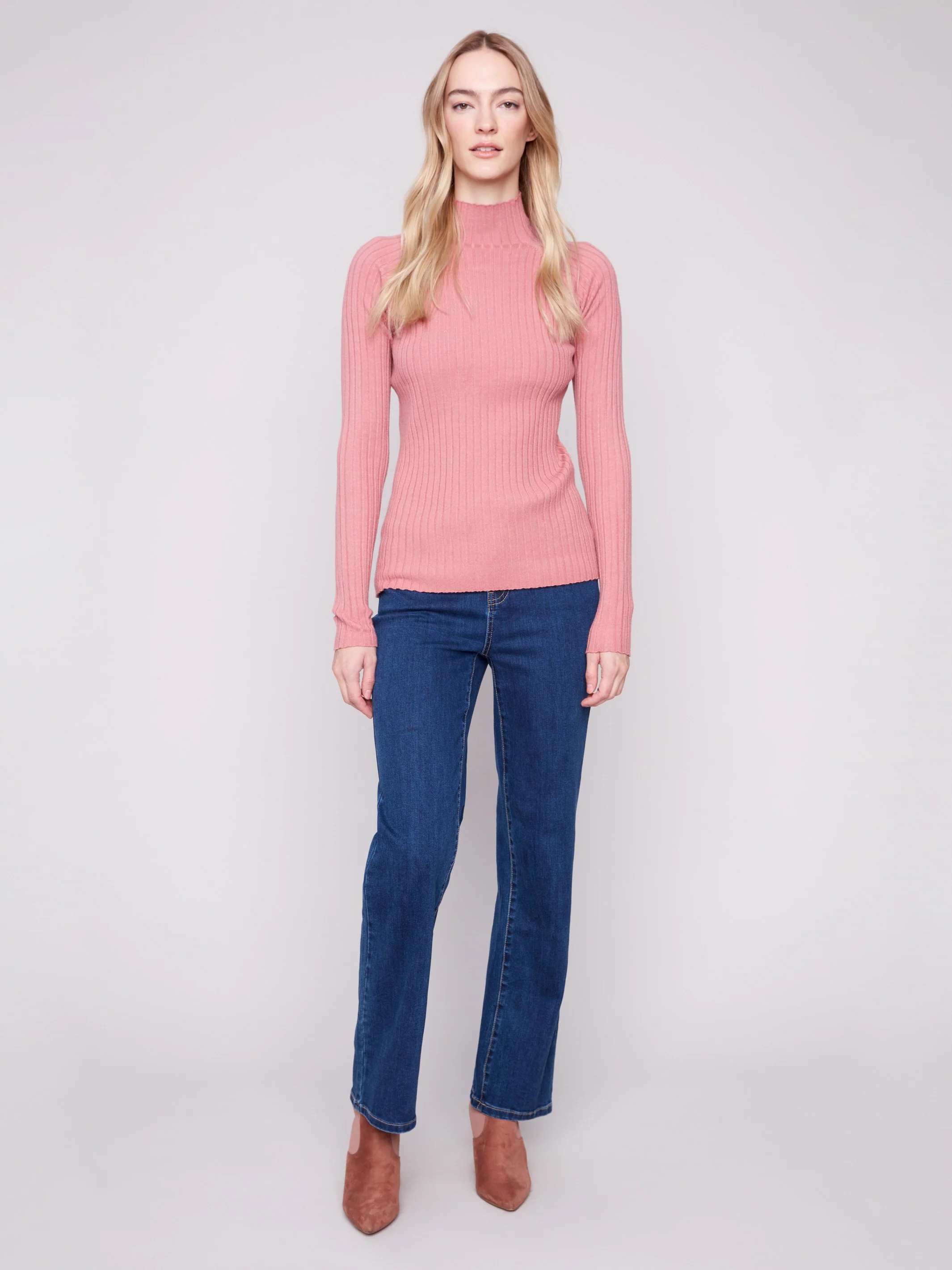 Ribbed Knit Mock Neck Sweater - Primrose - WHSBYS