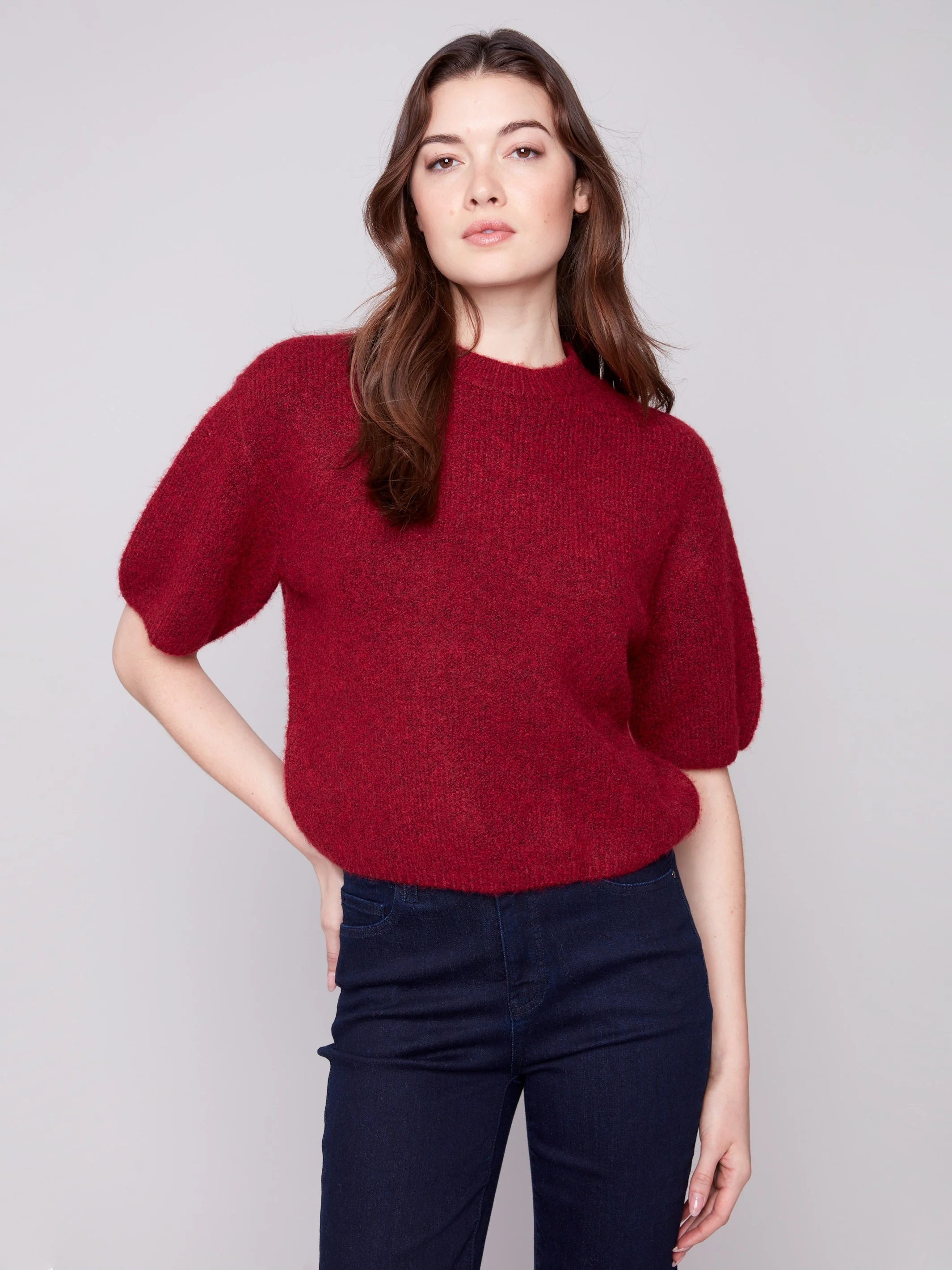 Balloon Elbow Sleeve Knit Sweater - Cabernet - WHSBYS