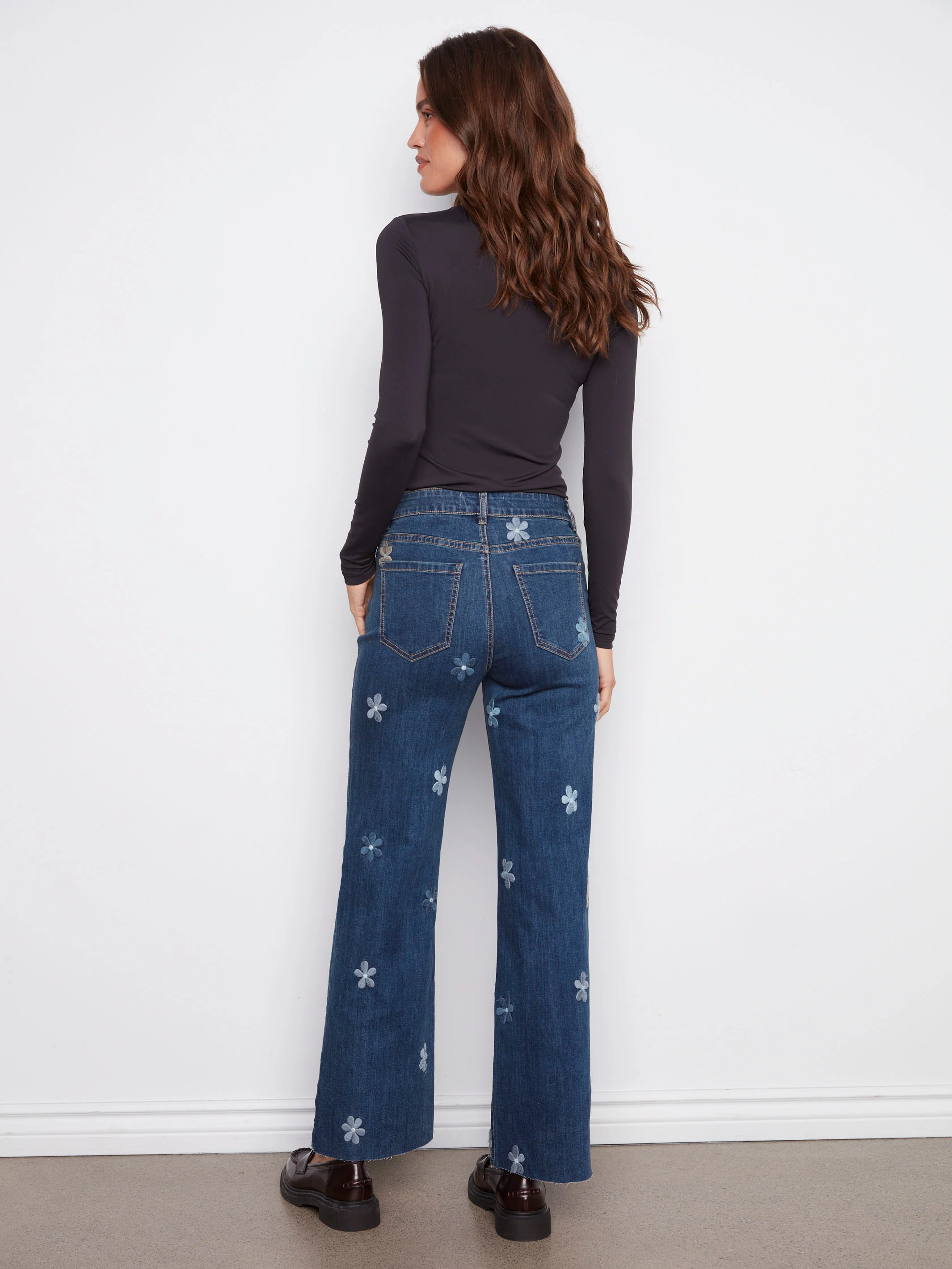 Wide Leg Jeans With Flower Patches - Indigo - WHSBYS