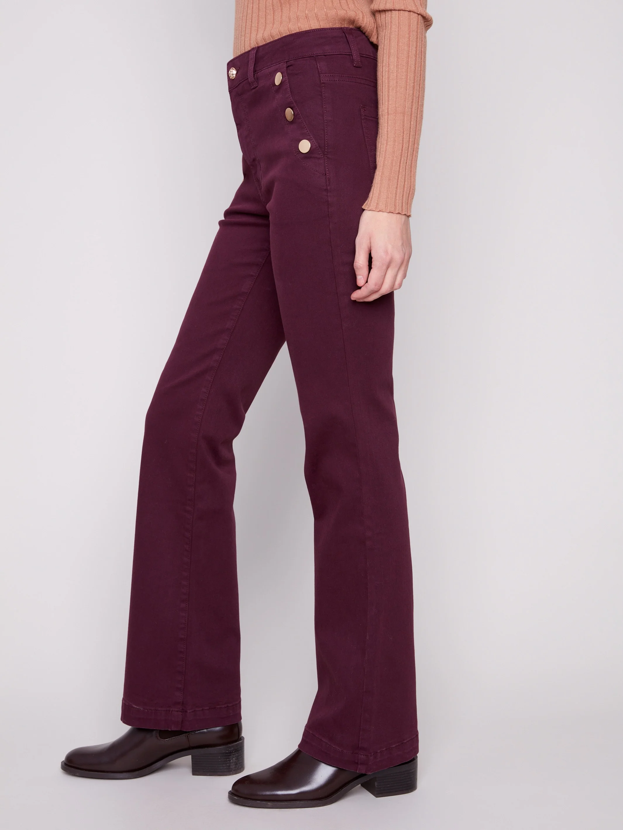 Flare Leg Stretch Twill Pants With Buttons - Berry - WHSBYS