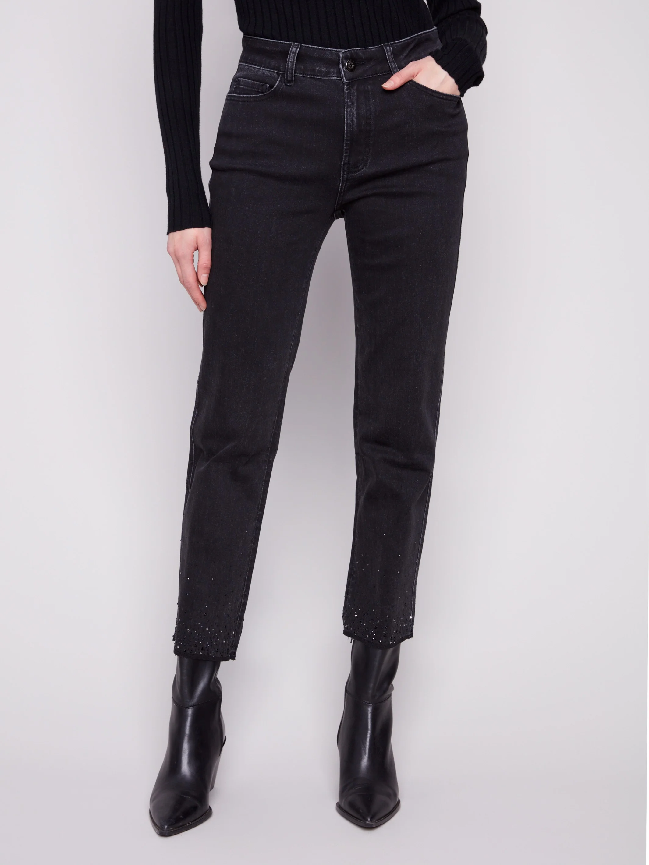 Straight Leg Rhinestone Jeans - Charcoal - WHSBYS