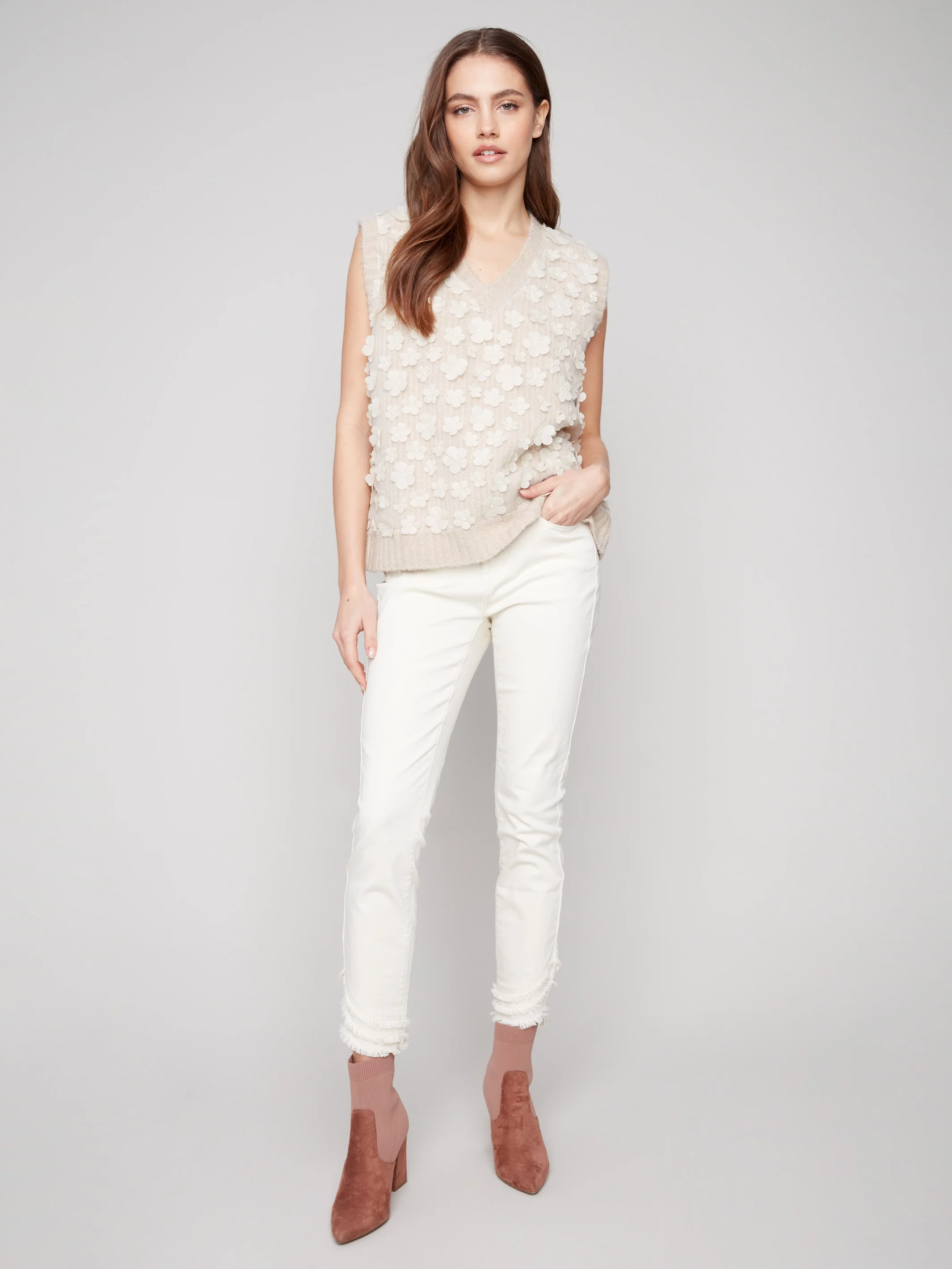 Floral Mesh V-Neck Sweater Vest - Heather Oat - WHSBYS