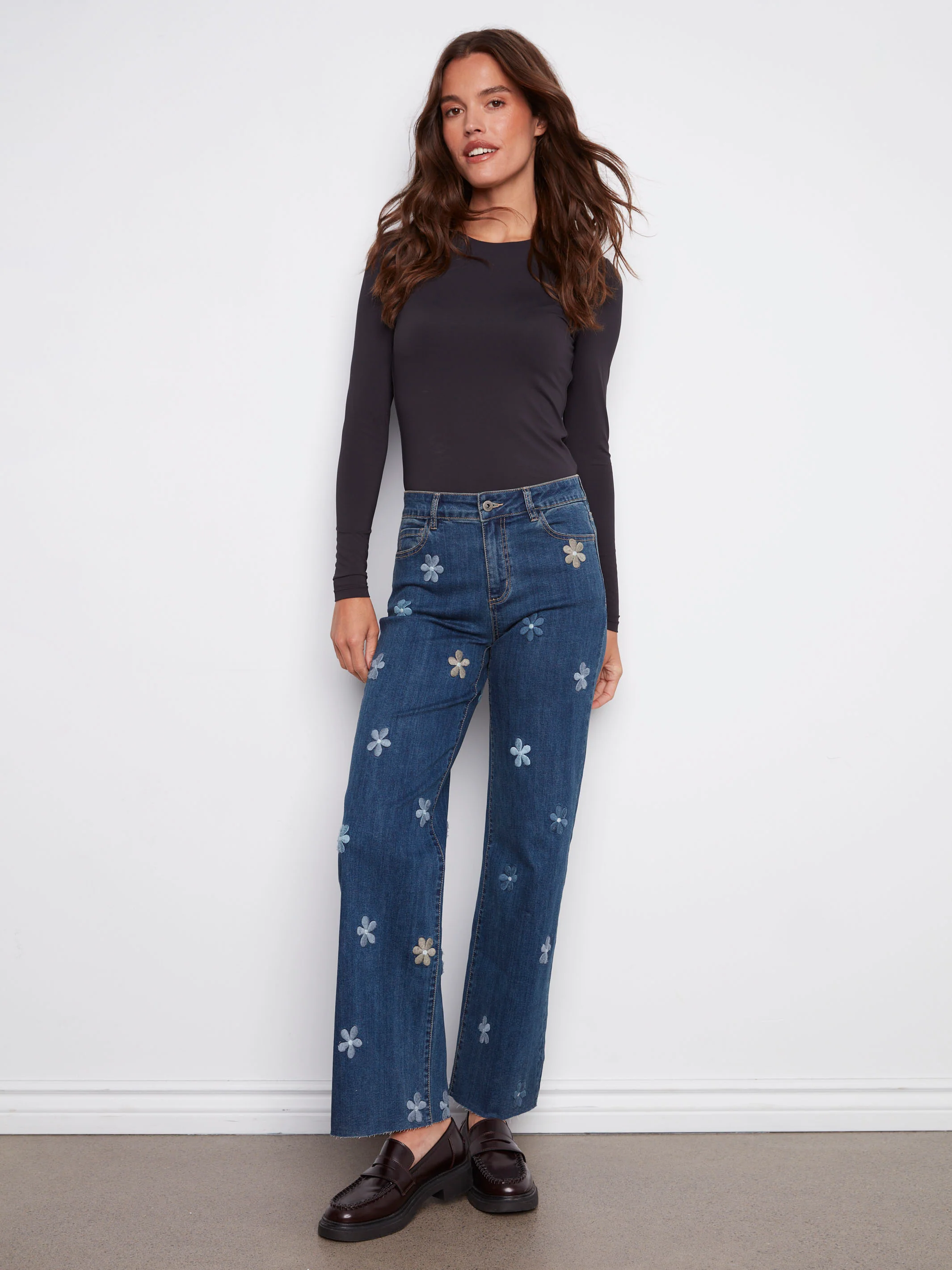 Wide Leg Jeans With Flower Patches - Indigo - WHSBYS