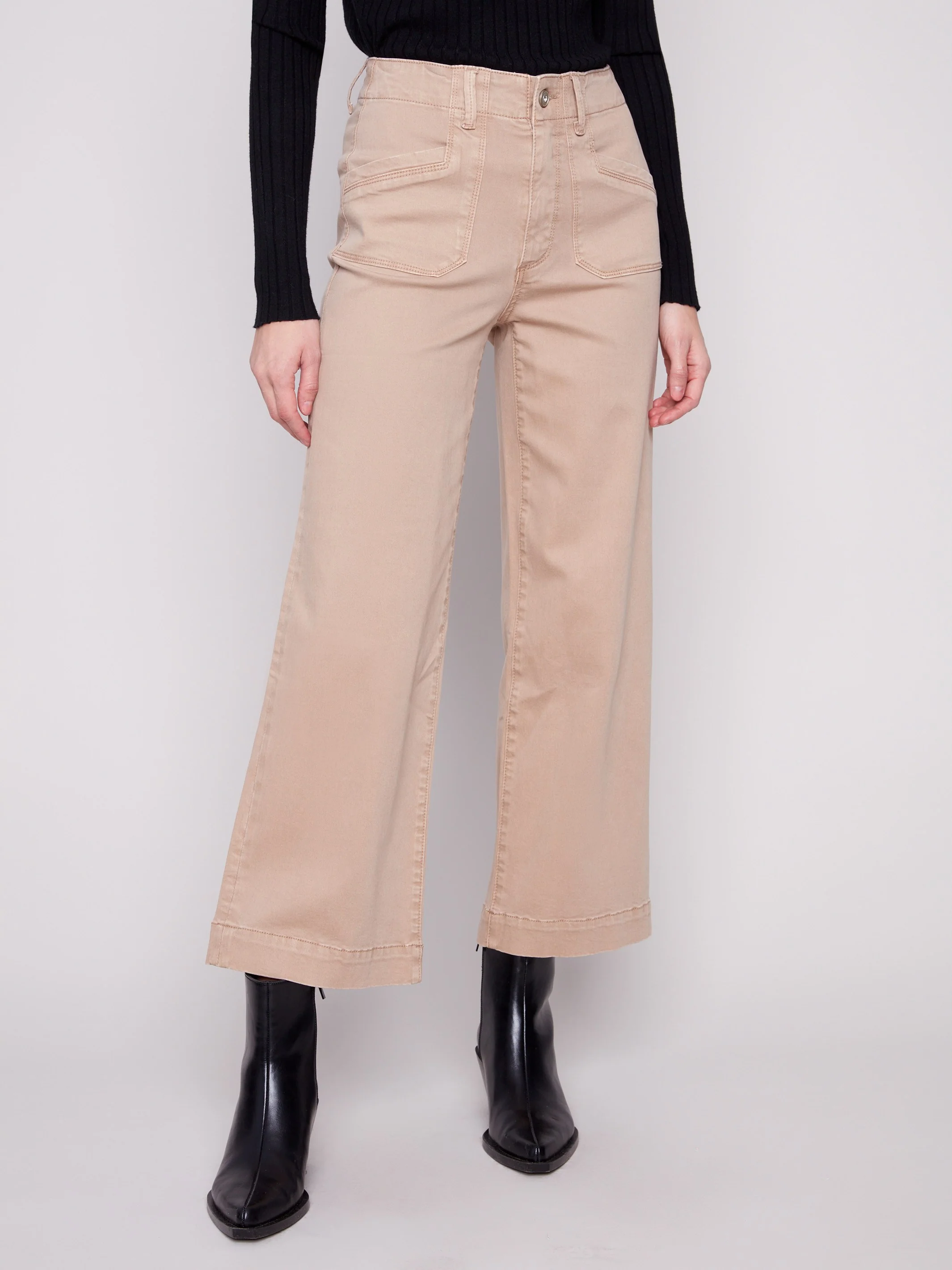 Cropped Wide Leg Stretch Twill Pants - Sesame - WHSBYS