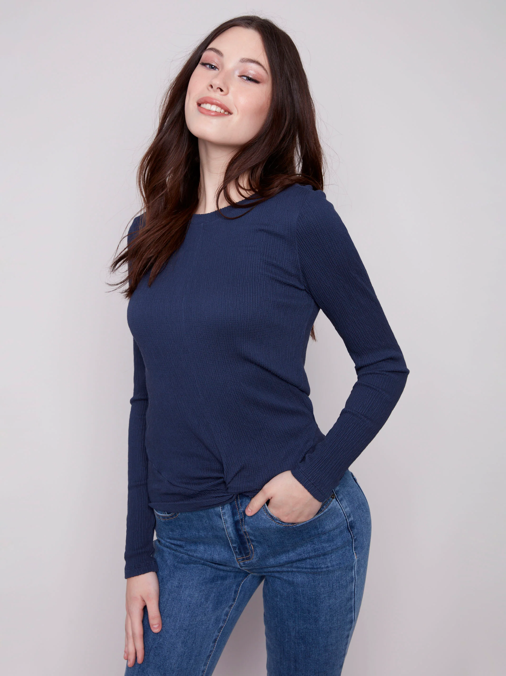 Textured Knit Top With Front Knot Detail - Moonlight - WHSBYS