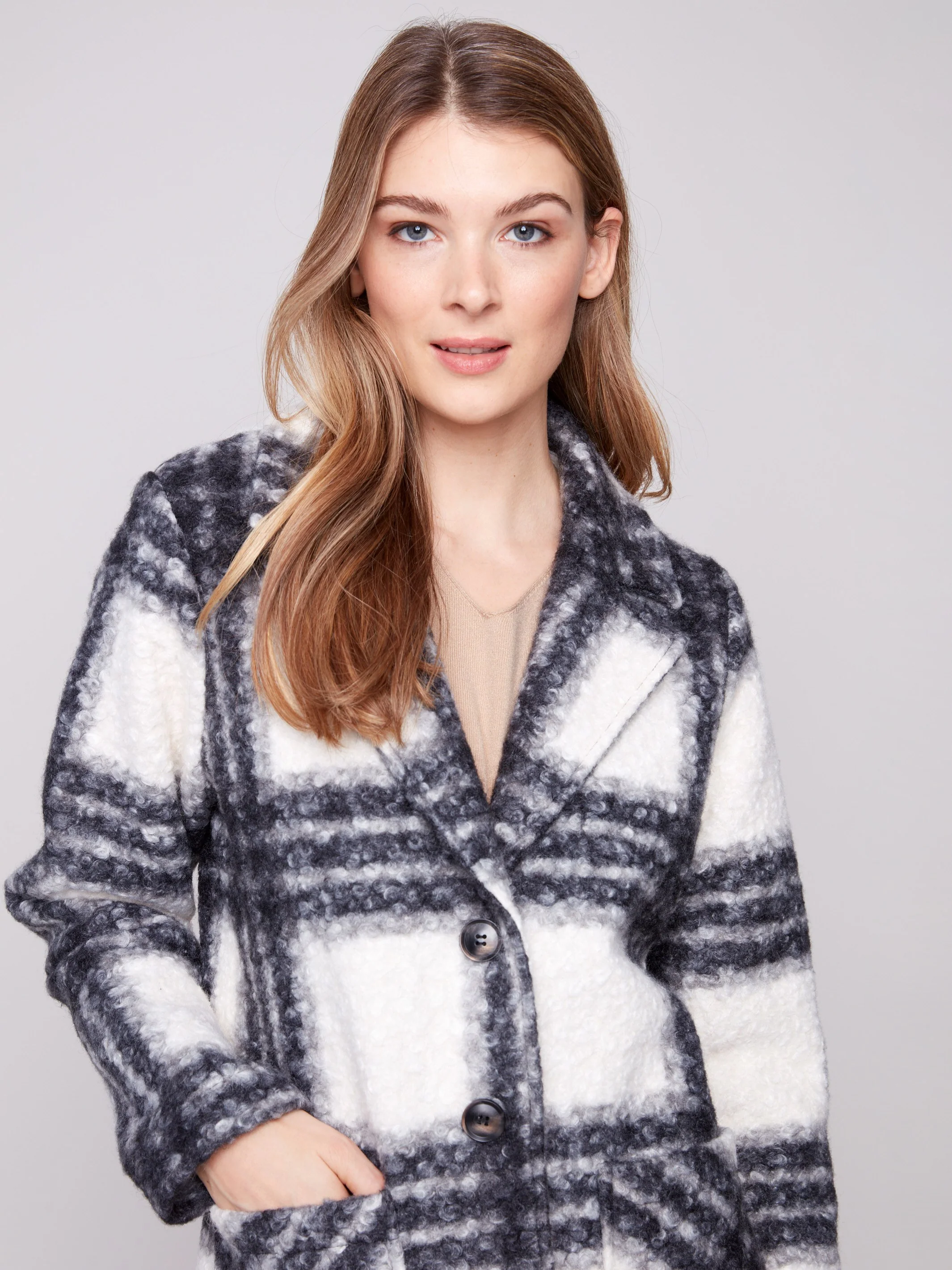 Plaid Bouclé Knit Coat - Black & White - WHSBYS