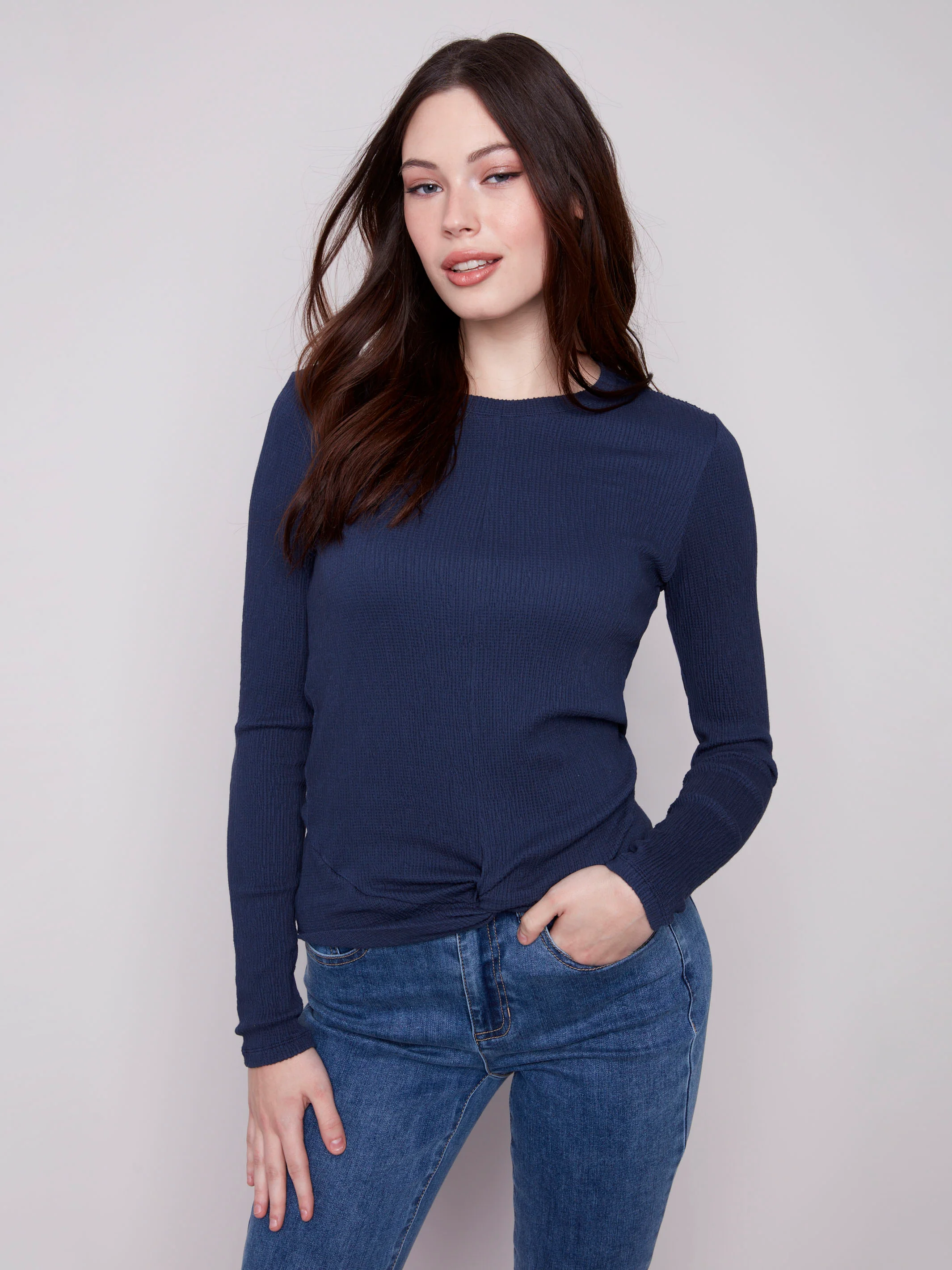 Textured Knit Top With Front Knot Detail - Moonlight - WHSBYS