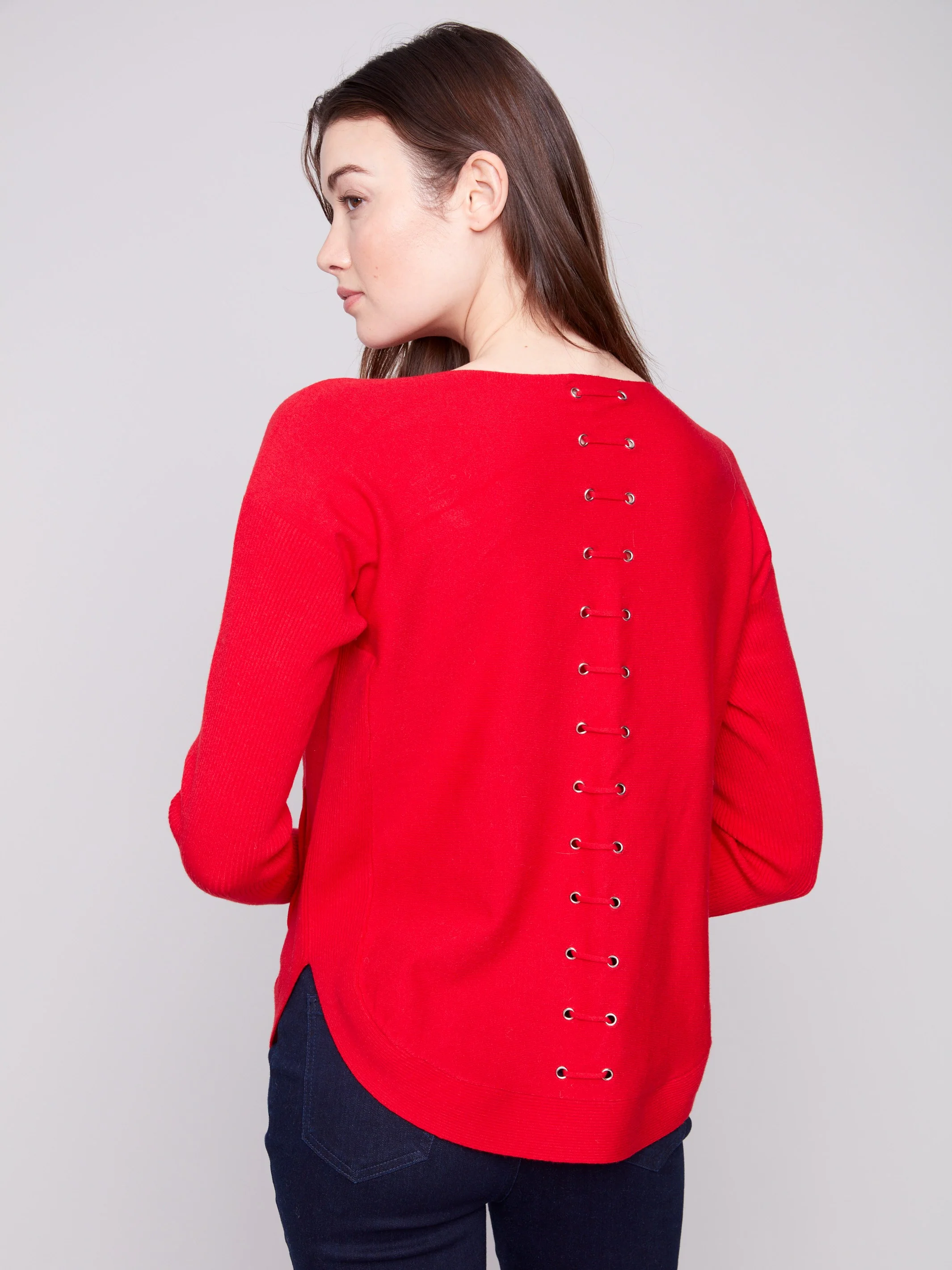 Knit Sweater With Back Lace-Up Detail - Crimson - WHSBYS