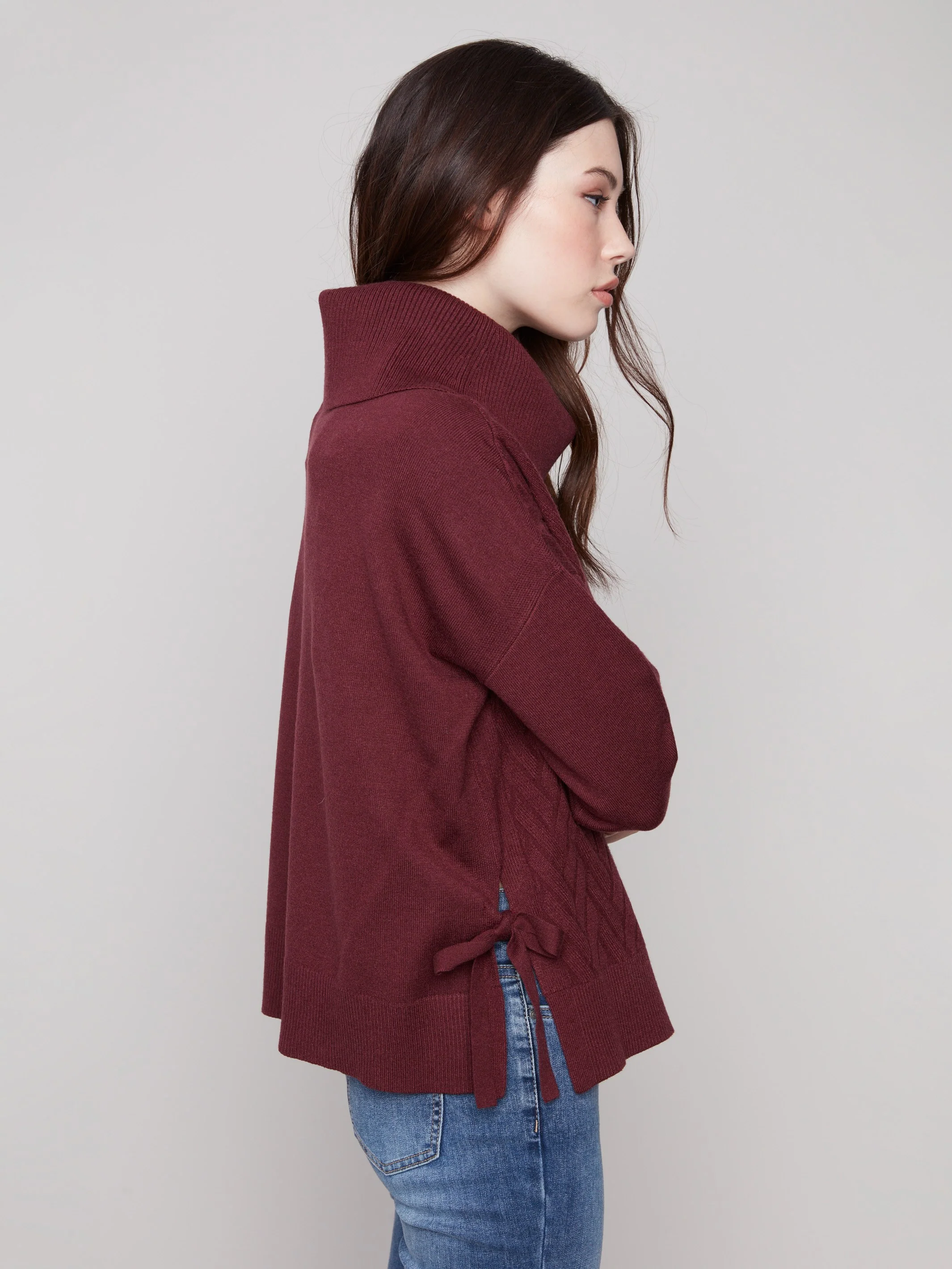 Cowl Neck Chevron Knit Sweater With Side Tie - Cabernet - WHSBYS