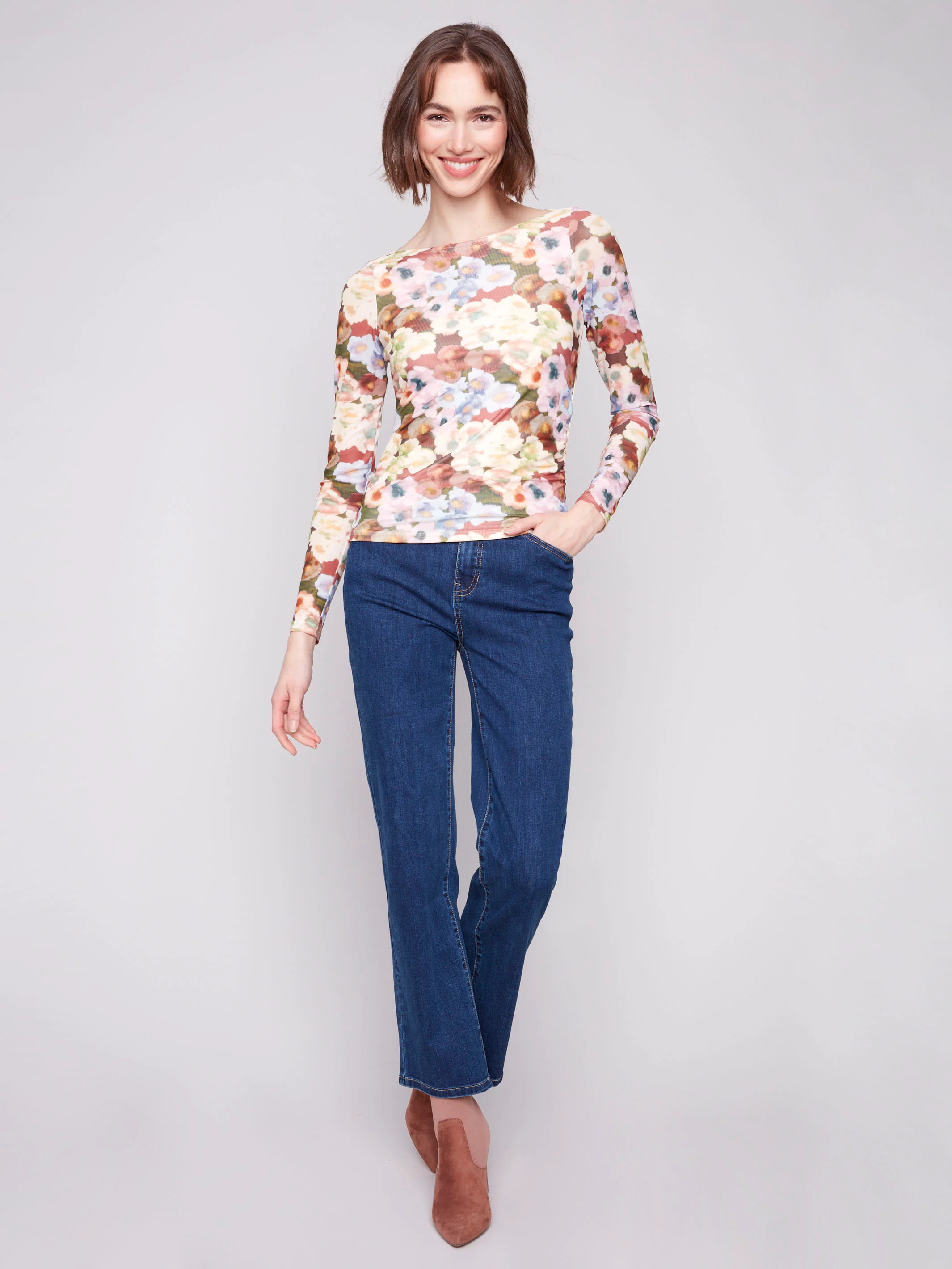 Printed Ruched Mesh Top - Botanical - WHSBYS