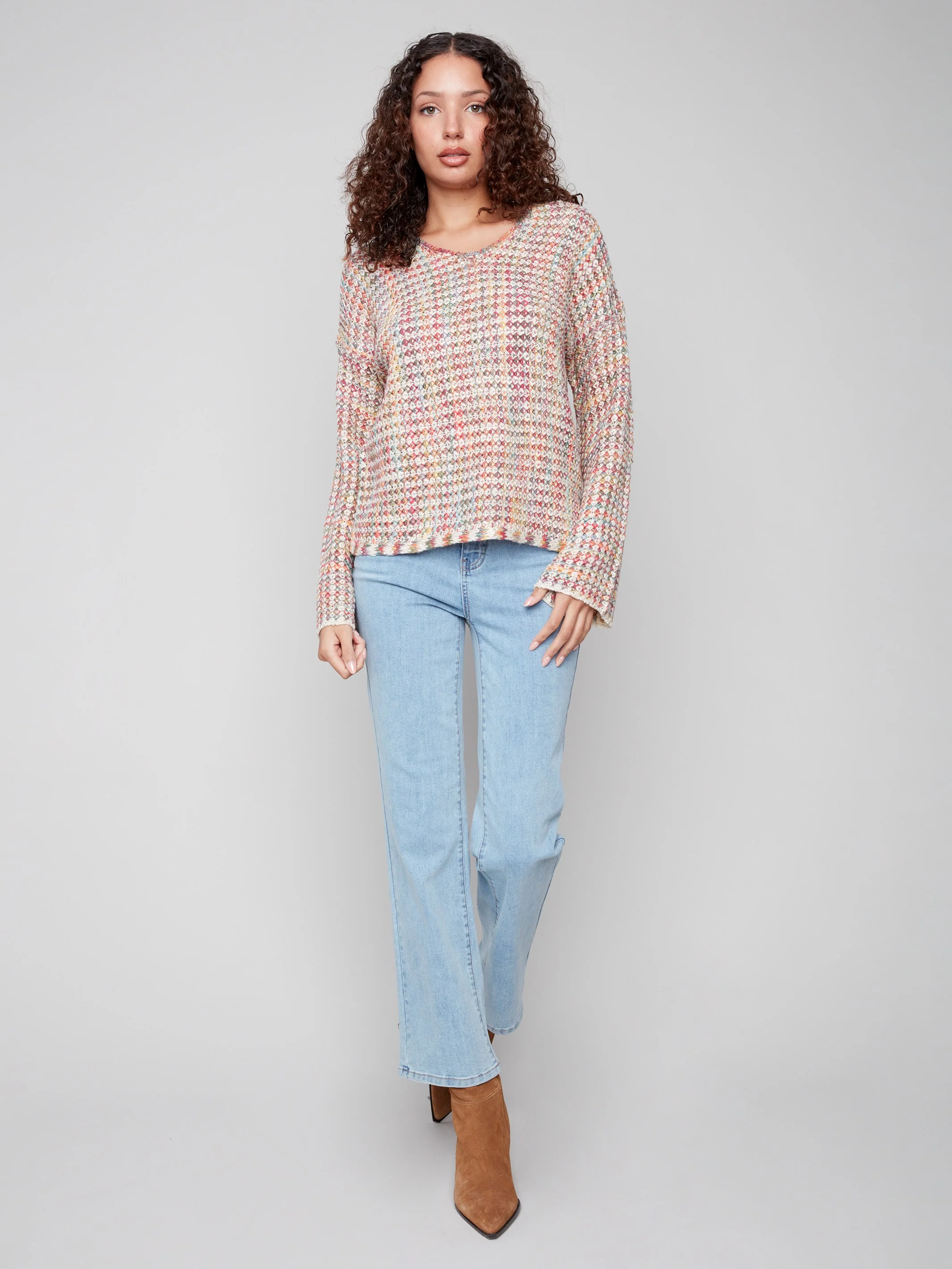 Novelty Yarn Crochet Sweater - Multicolor - WHSBYS