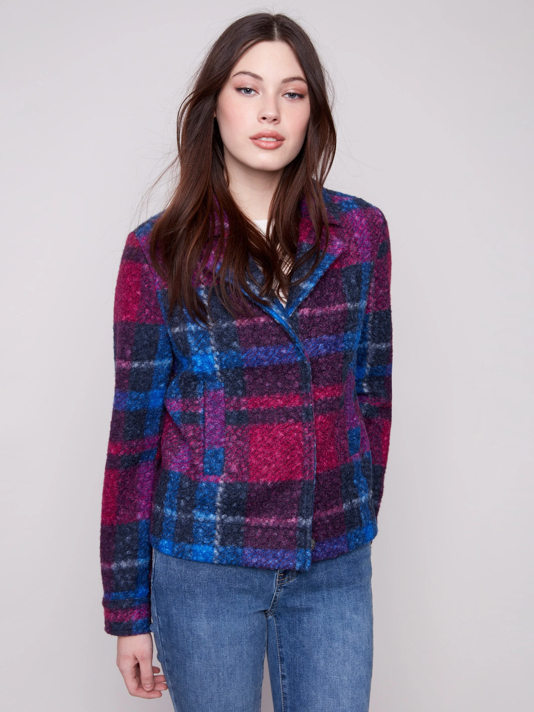 Plaid Bouclé Knit Short Coat - Navy - WHSBYS