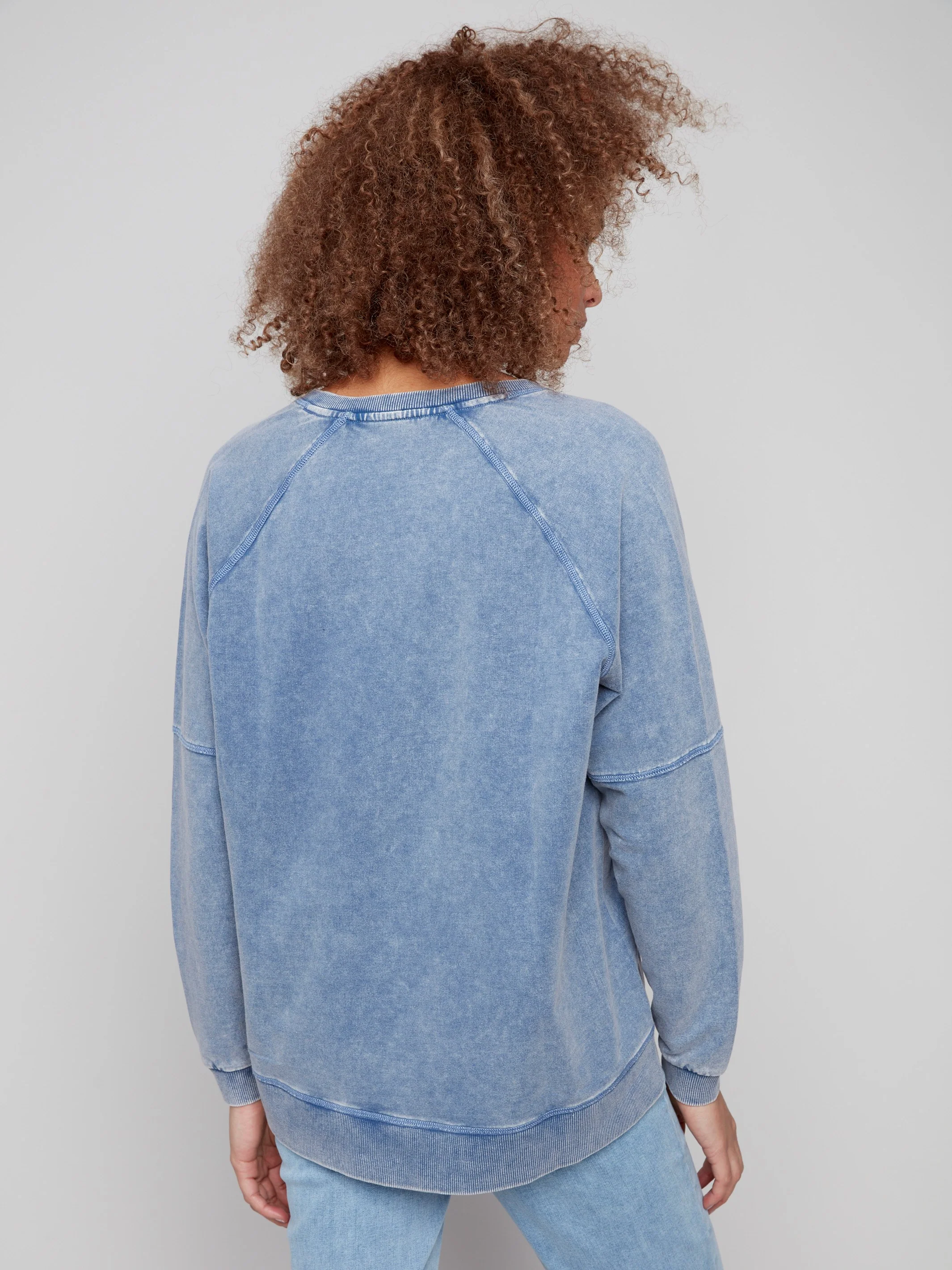Cold Dye French Terry V-Neck Top - Denim - WHSBYS