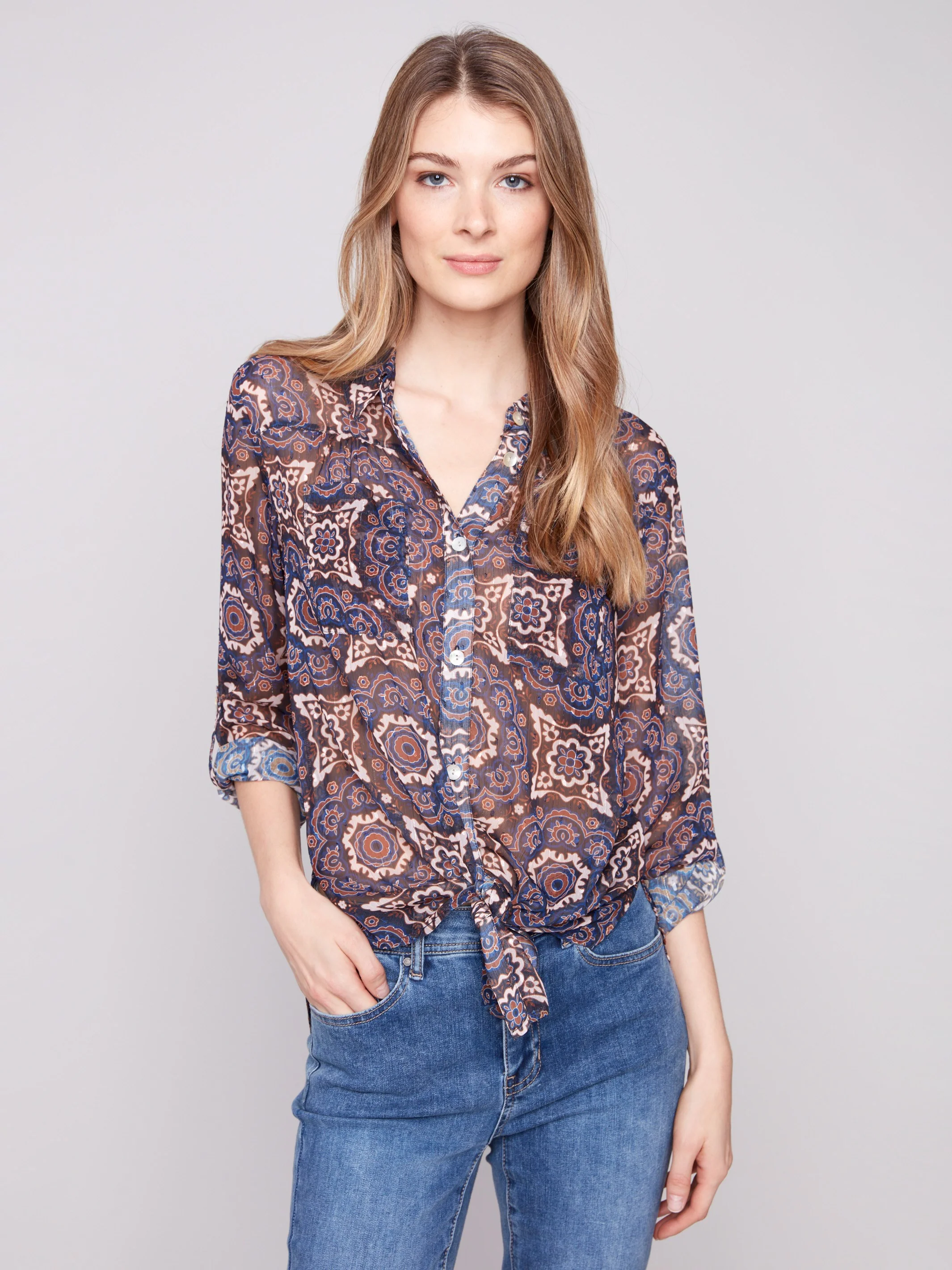 Printed Button-Up Blouse - Medallion - WHSBYS